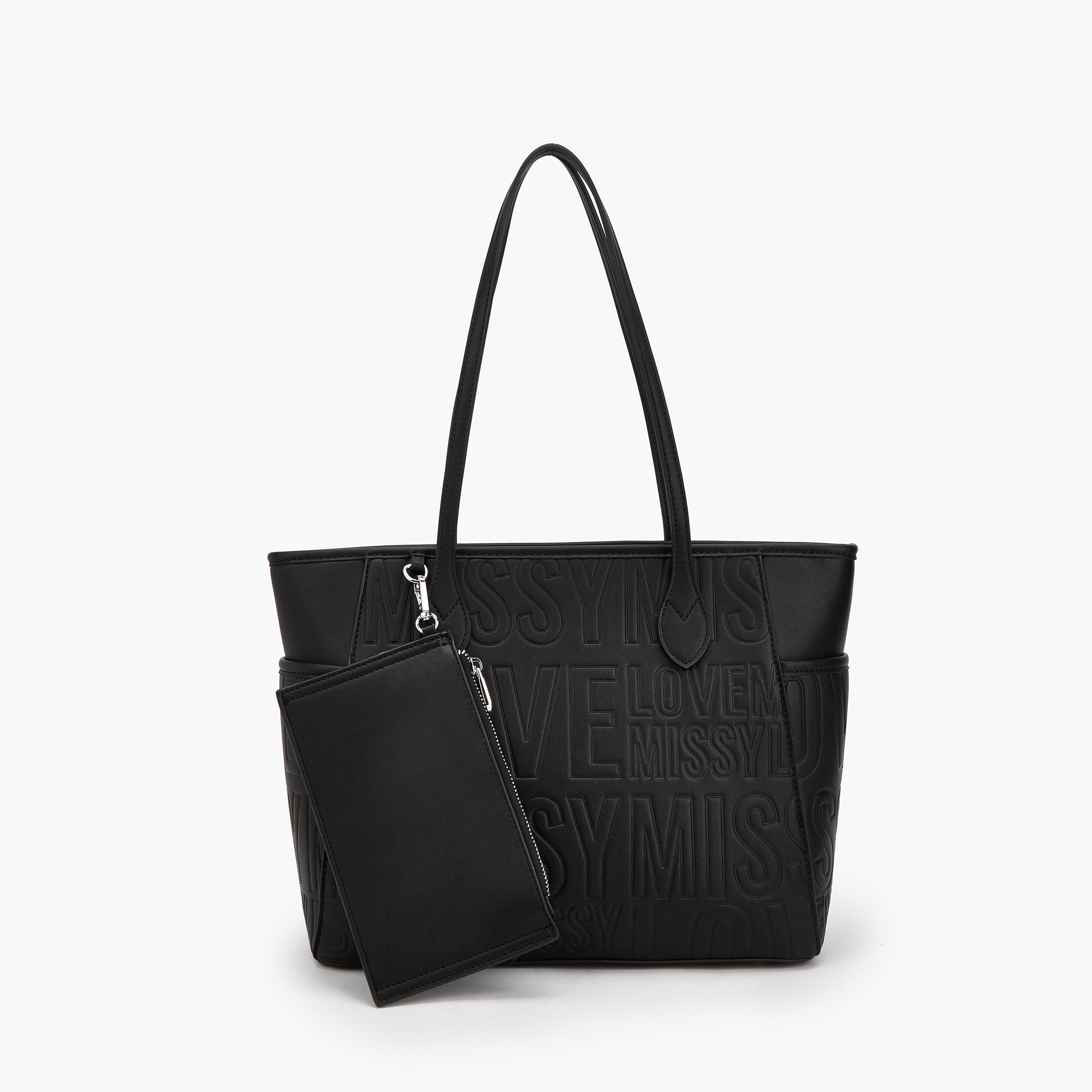 Missy Slogan Textured Tote Bag with Zip Closure and Pouch-women-bagsandwallets-handbags-image-1