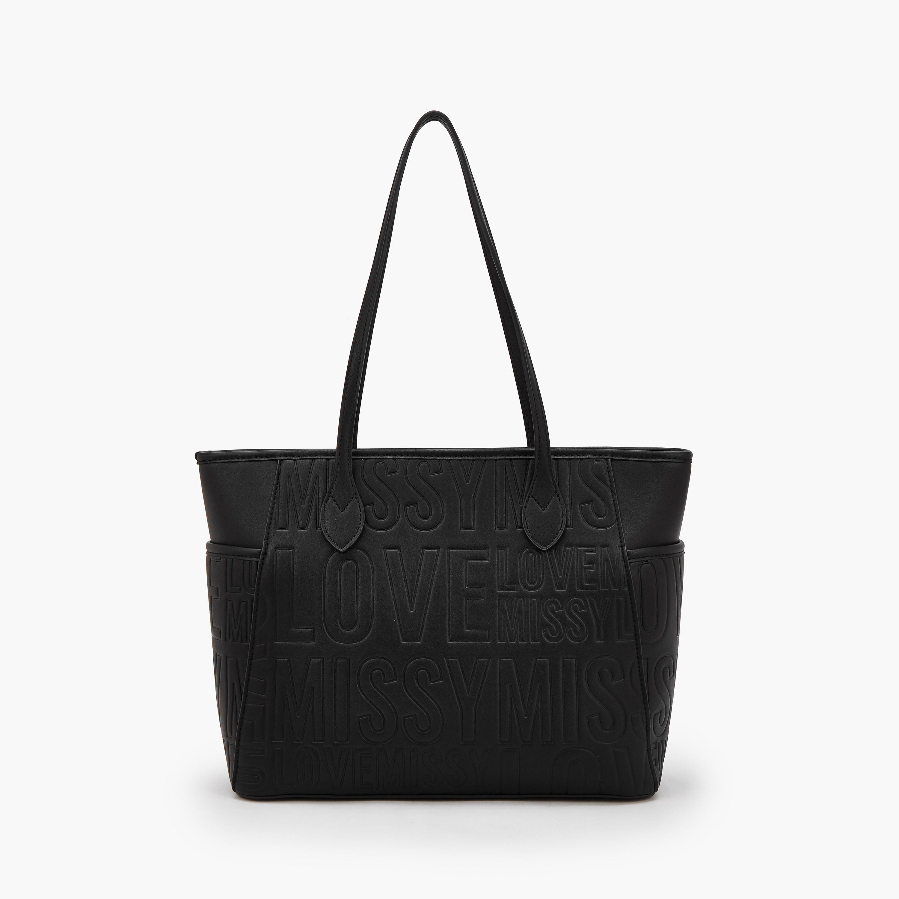 Missy Slogan Textured Tote Bag with Zip Closure and Pouch-women-bagsandwallets-handbags-image-2
