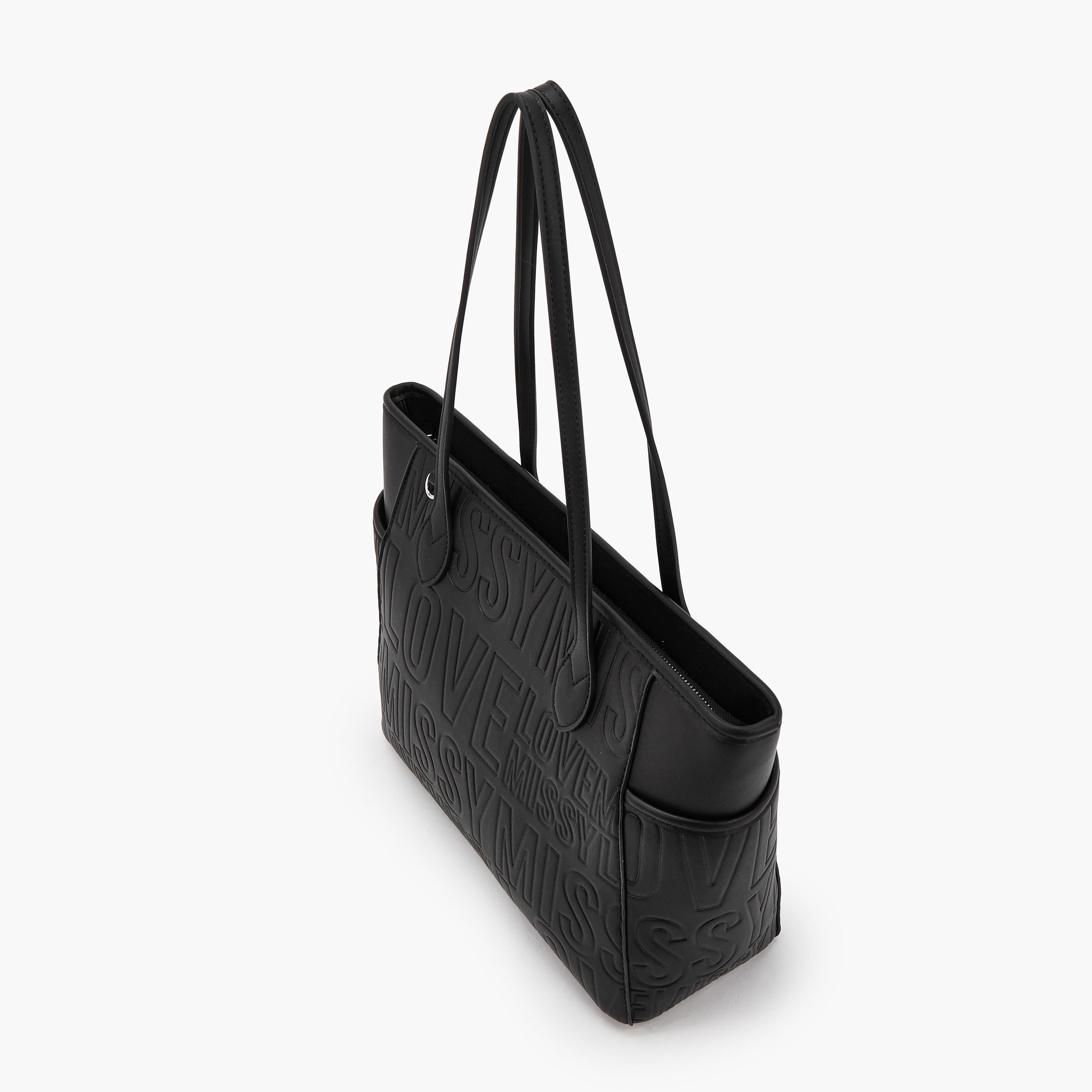 Missy Slogan Textured Tote Bag with Zip Closure and Pouch-women-bagsandwallets-handbags-image-3