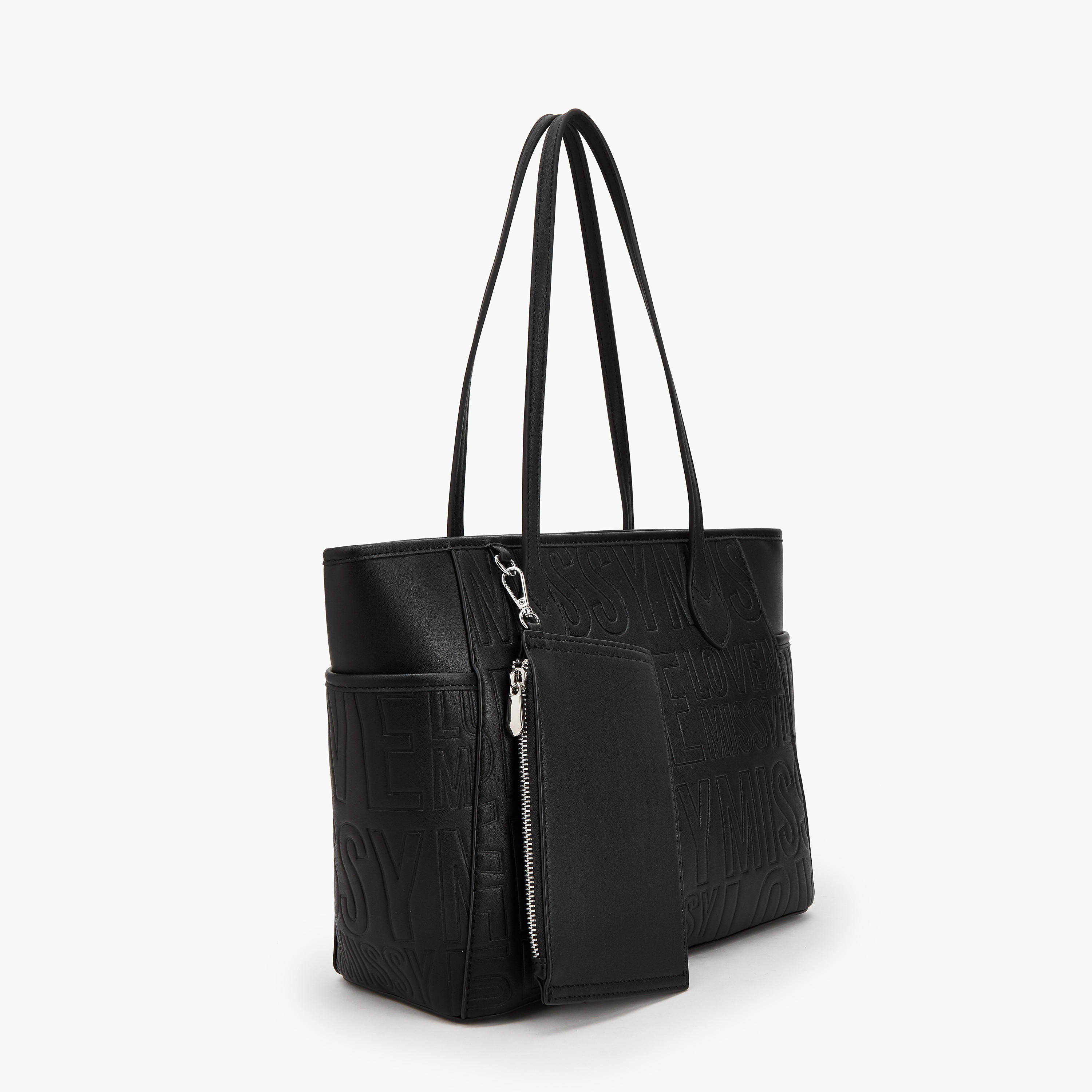 Missy Slogan Textured Tote Bag with Zip Closure and Pouch-women-bagsandwallets-handbags-image-6