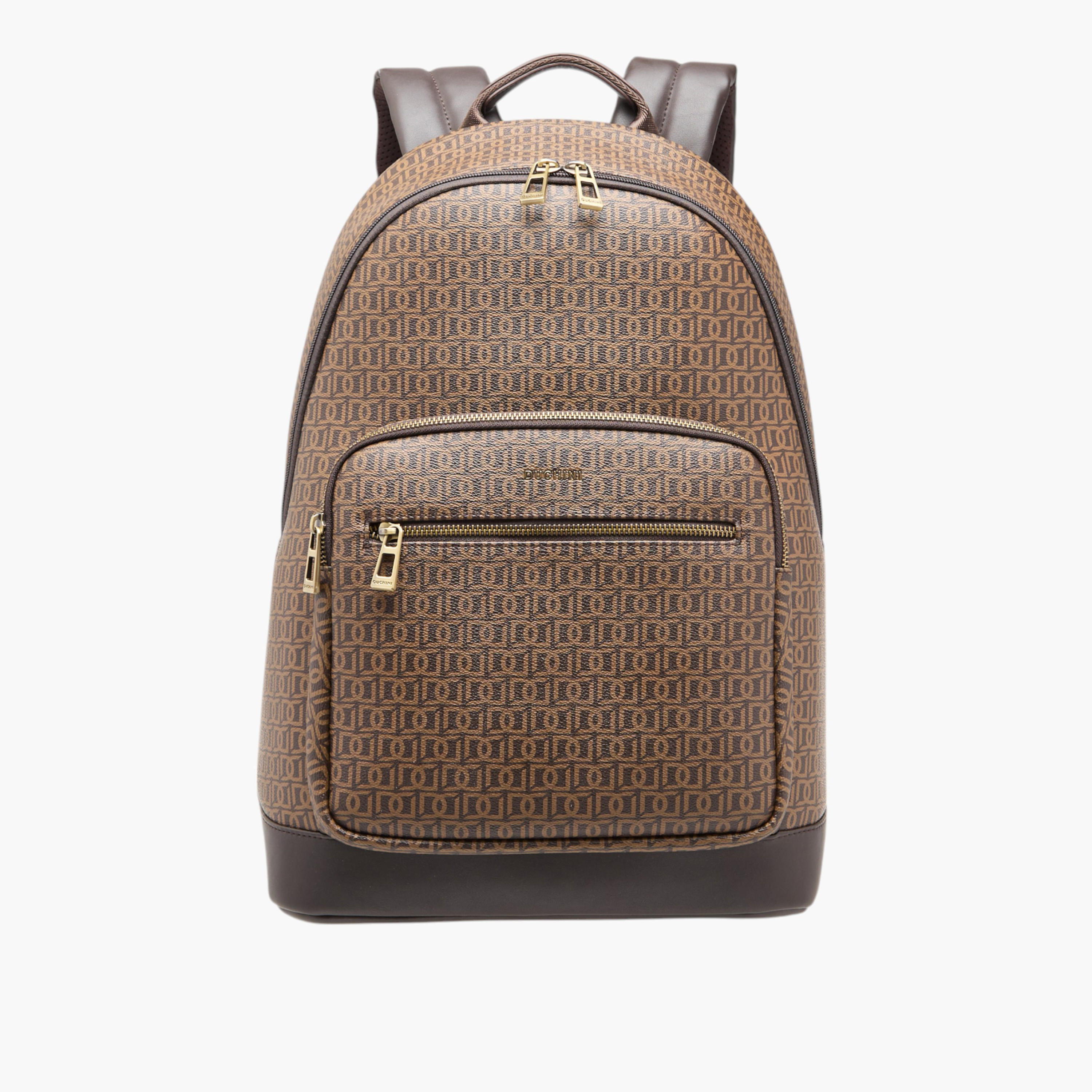 Duchini Monogram Print Backpack with Zip Closure and Laptop Compartment - 31x43x17 cm-women-bagsandwallets-backpacks-image-1