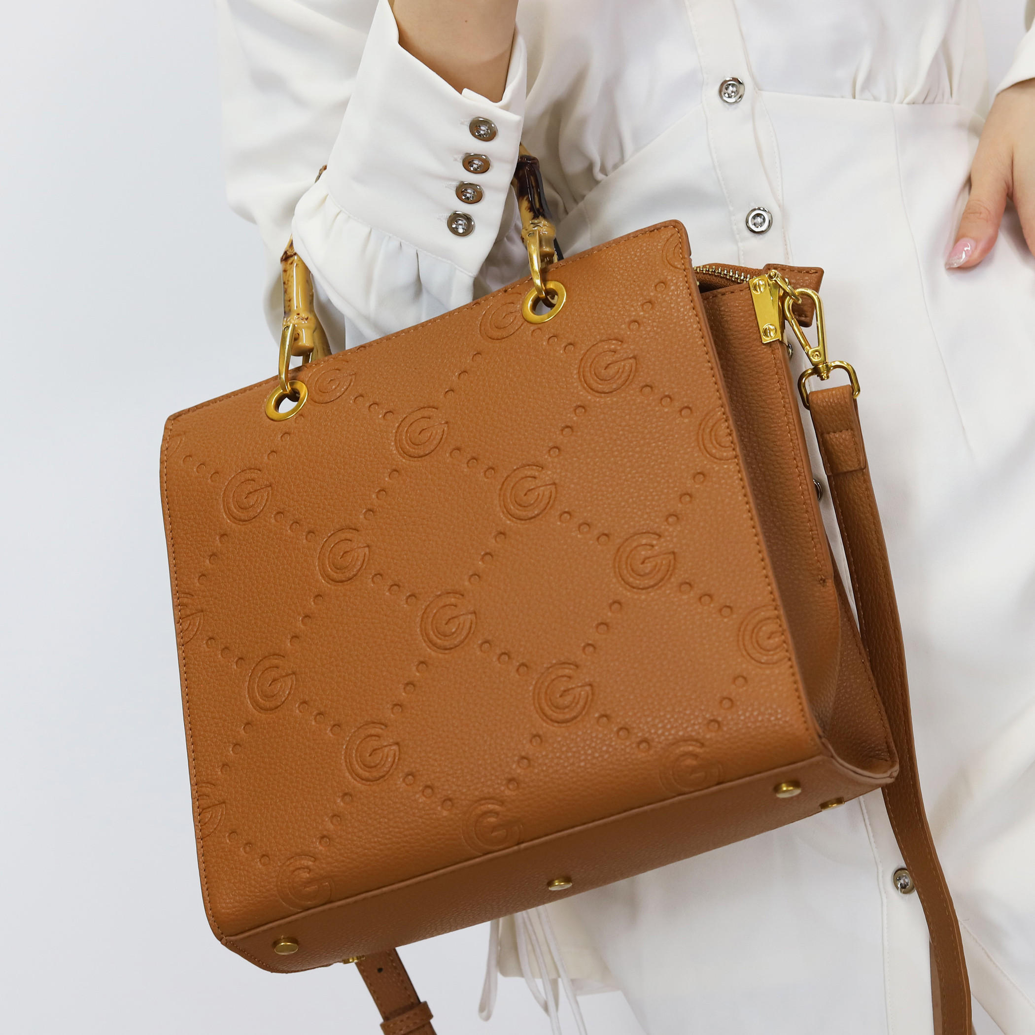 Gabriella Gucci Monogram Embossed Tote Bag with Top Handle and Zip Closure-women-bagsandwallets-handbags-image-7