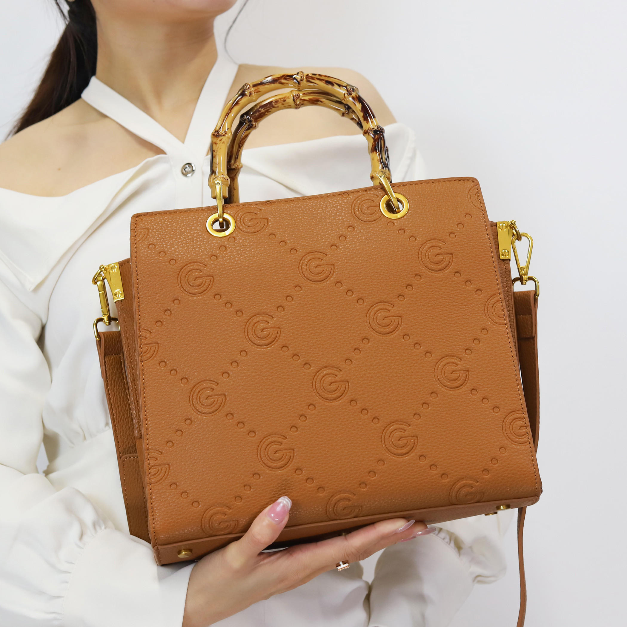 Gabriella Gucci Monogram Embossed Tote Bag with Top Handle and Zip Closure-women-bagsandwallets-handbags-image-8