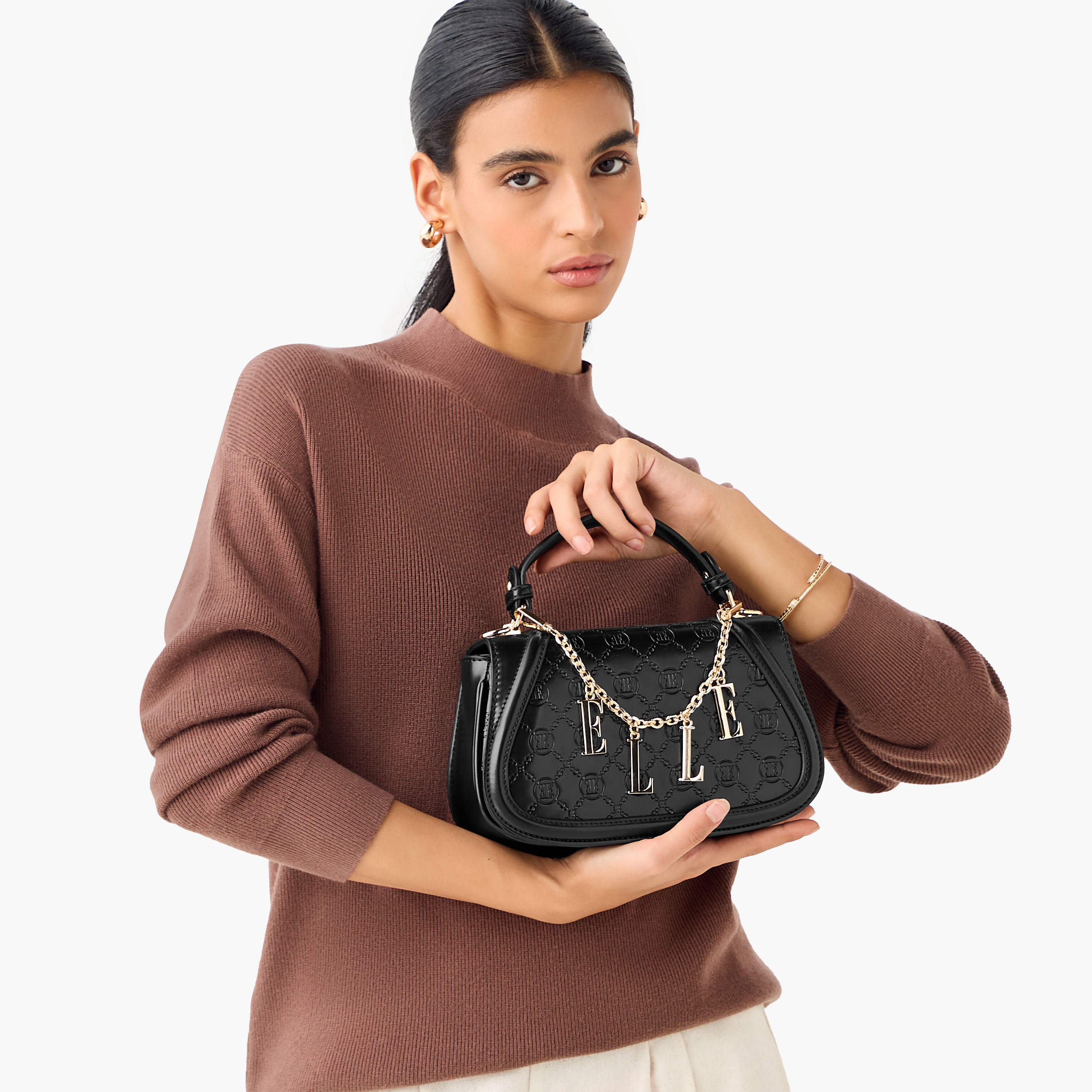 Elle Monogram Embossed Satchel Bag with Metal Accent-women-bagsandwallets-handbags-image-2