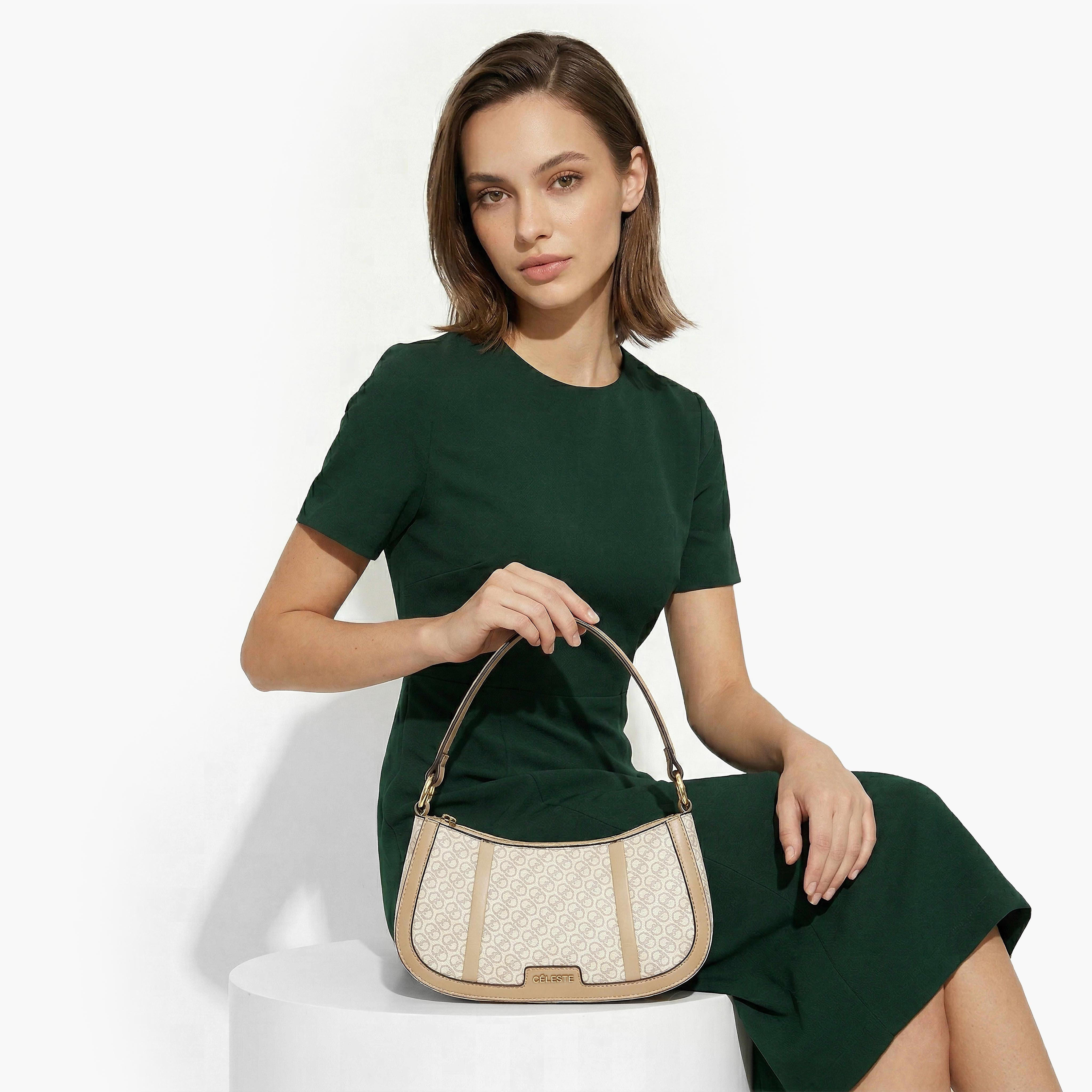 Celeste Monogram Print Shoulder Bag with Zip Closure-women-bagsandwallets-handbags-image-2
