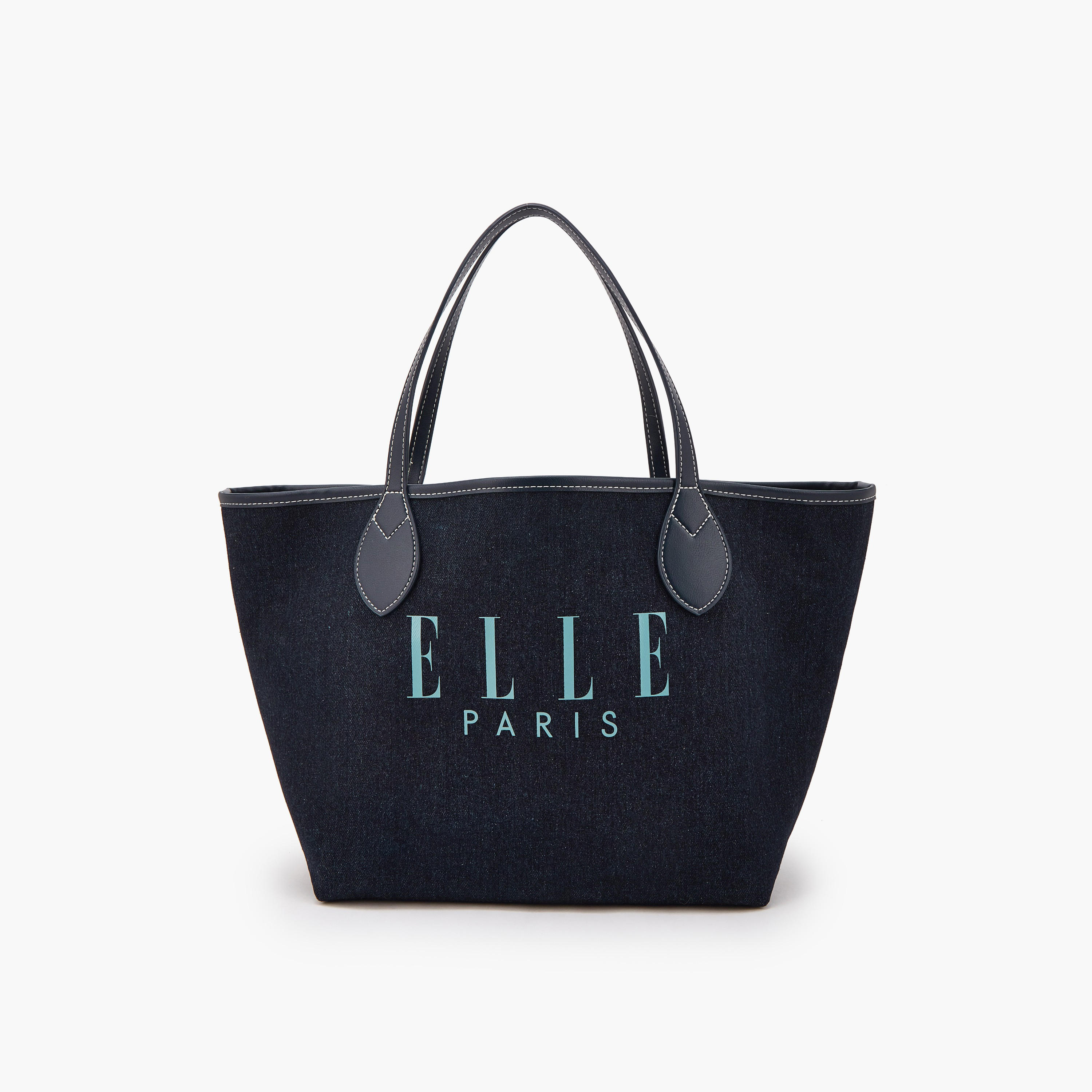 Elle Logo Print Denim Tote Bag with Pouch-women-bagsandwallets-handbags-image-1
