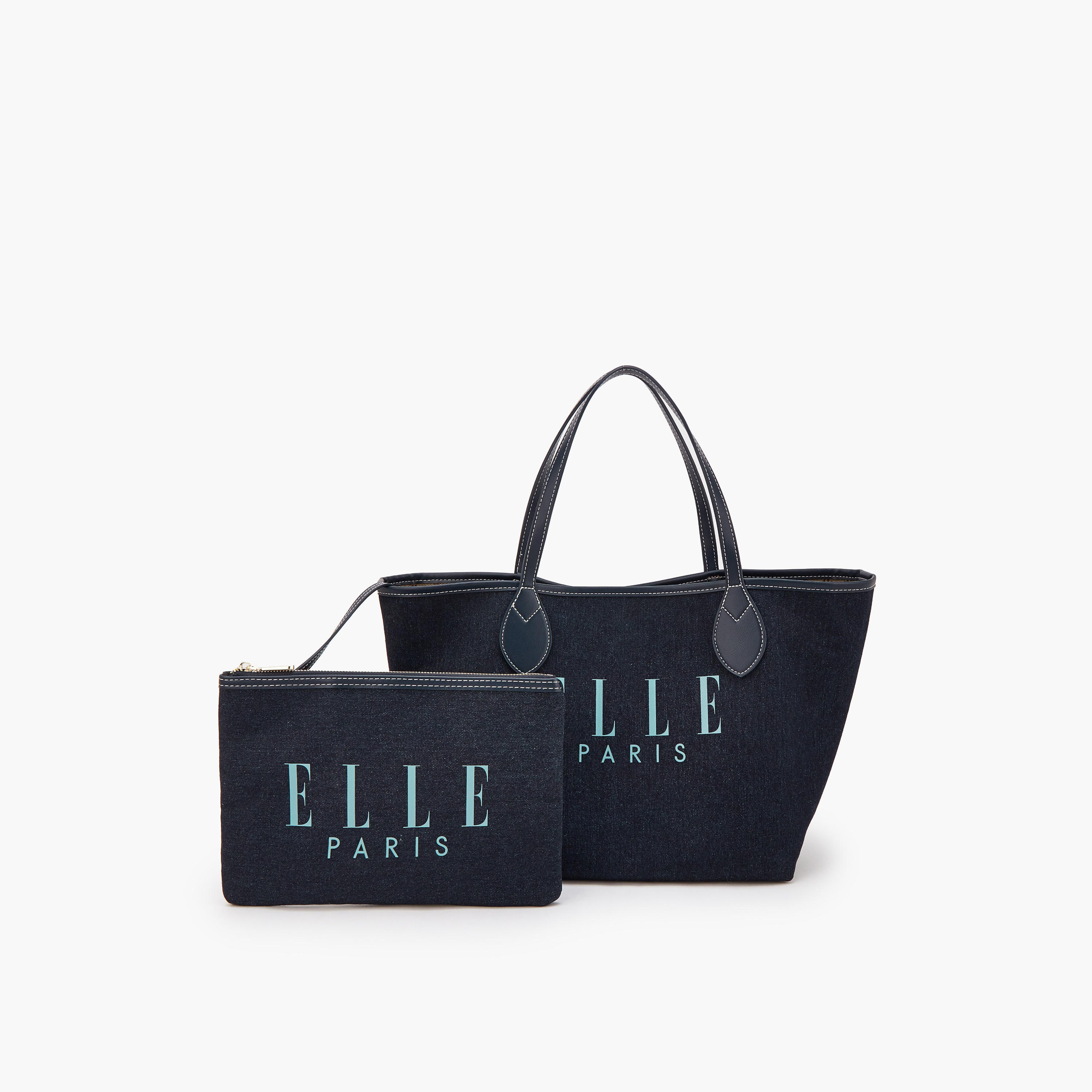 Elle Logo Print Denim Tote Bag with Pouch-women-bagsandwallets-handbags-image-5