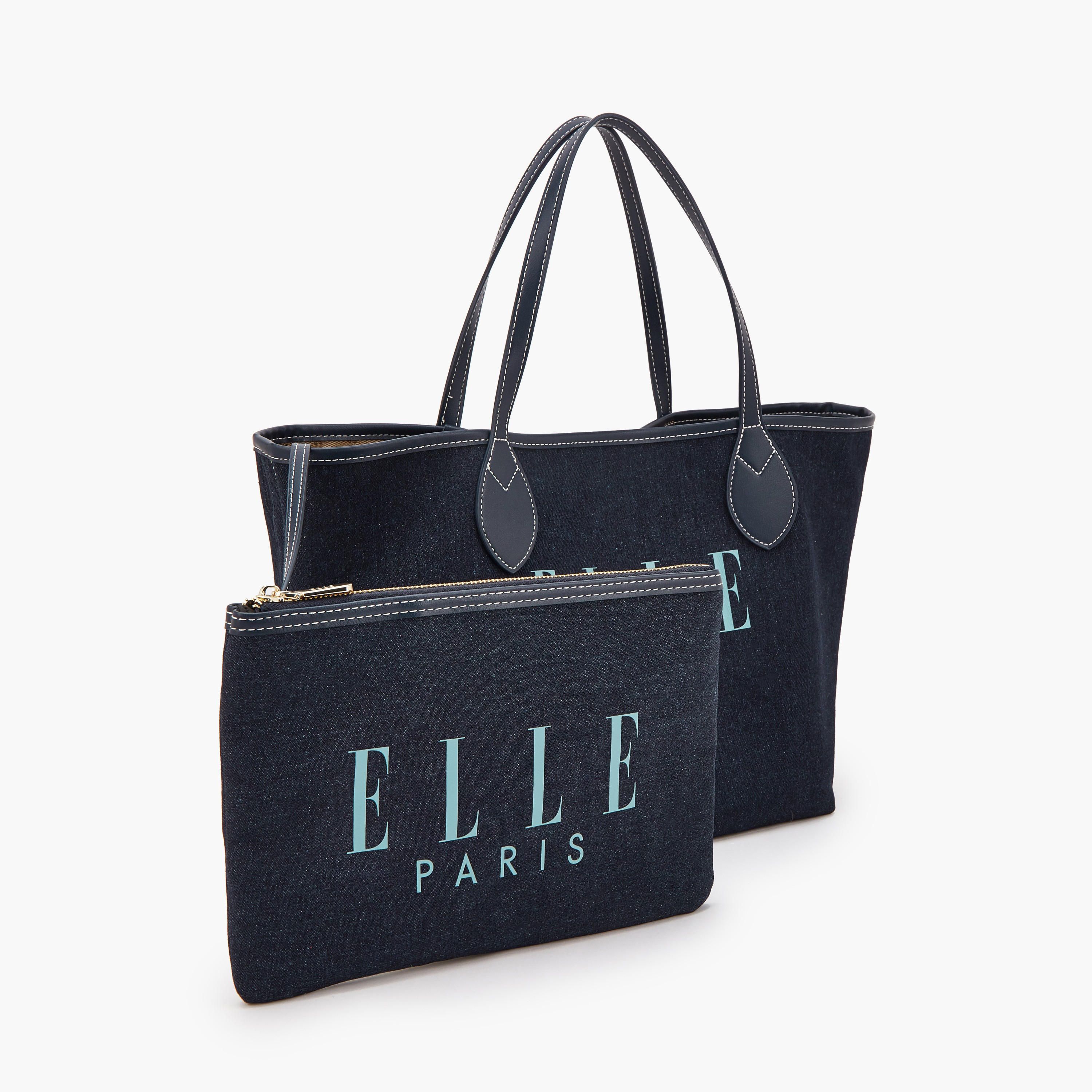Elle Logo Print Denim Tote Bag with Pouch-women-bagsandwallets-handbags-image-6