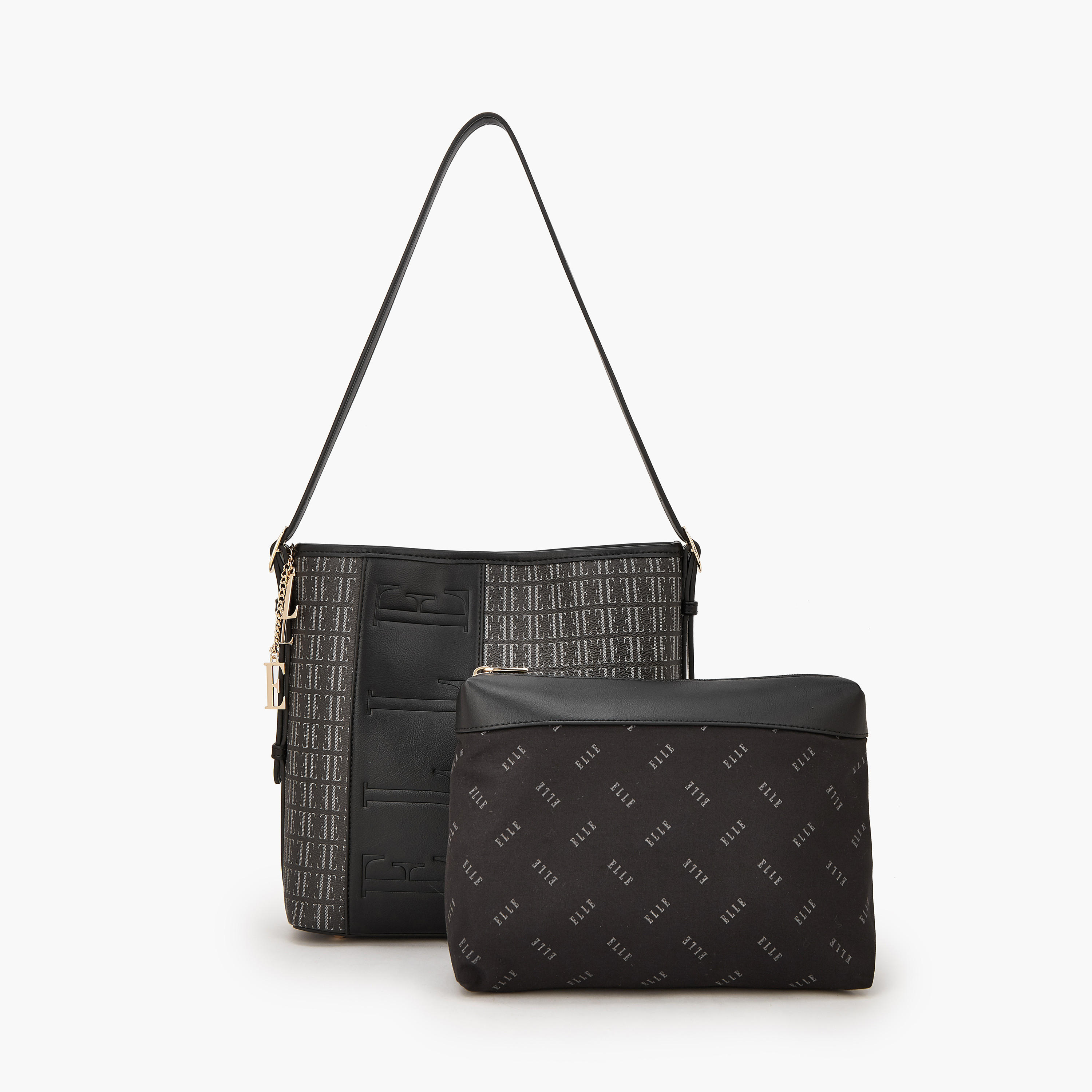 Elle Monogram Print Shoulder Bag with Pouch-women-bagsandwallets-handbags-image-1