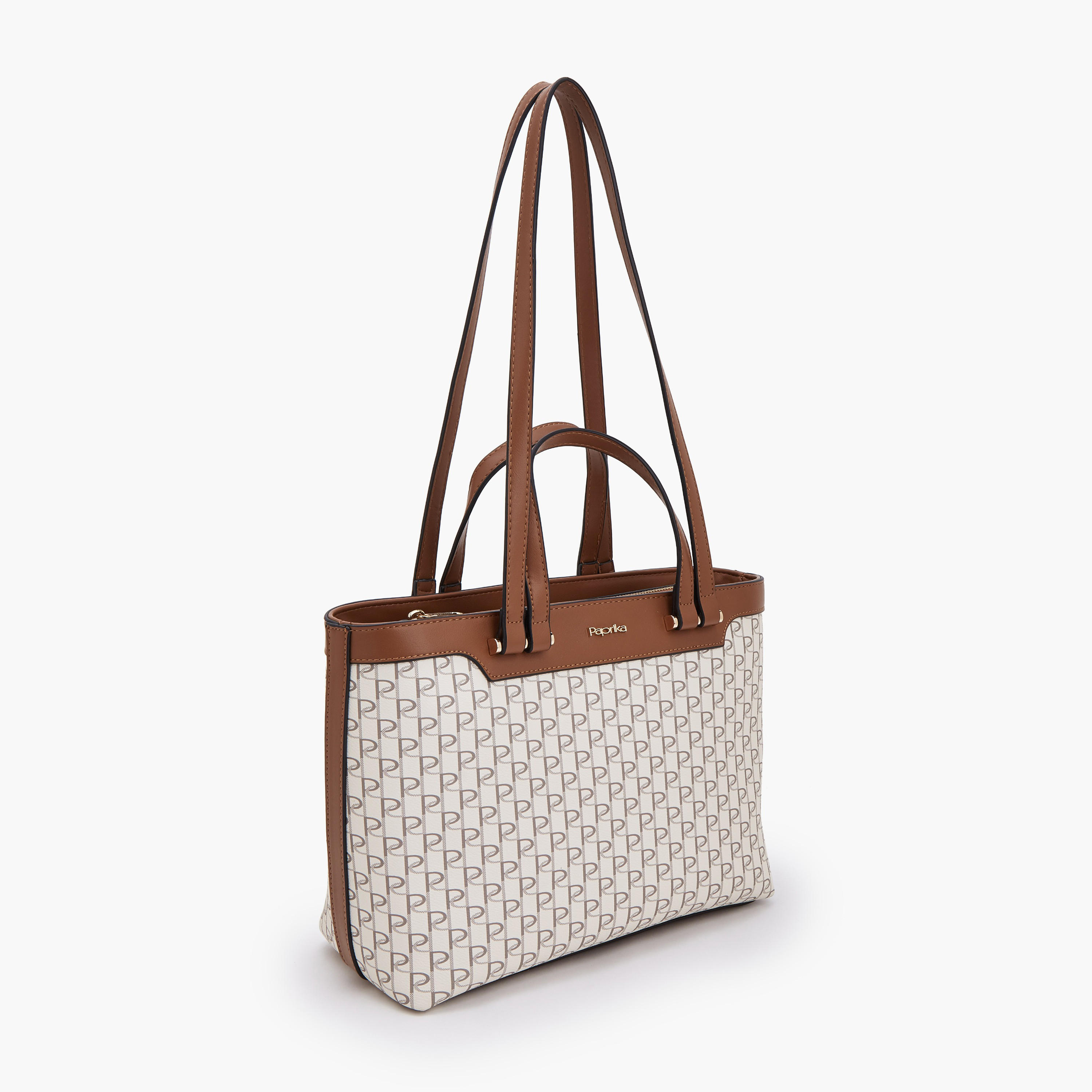 Paprika Monogram Print Tote Bag with Double Handle-women-bagsandwallets-handbags-image-2
