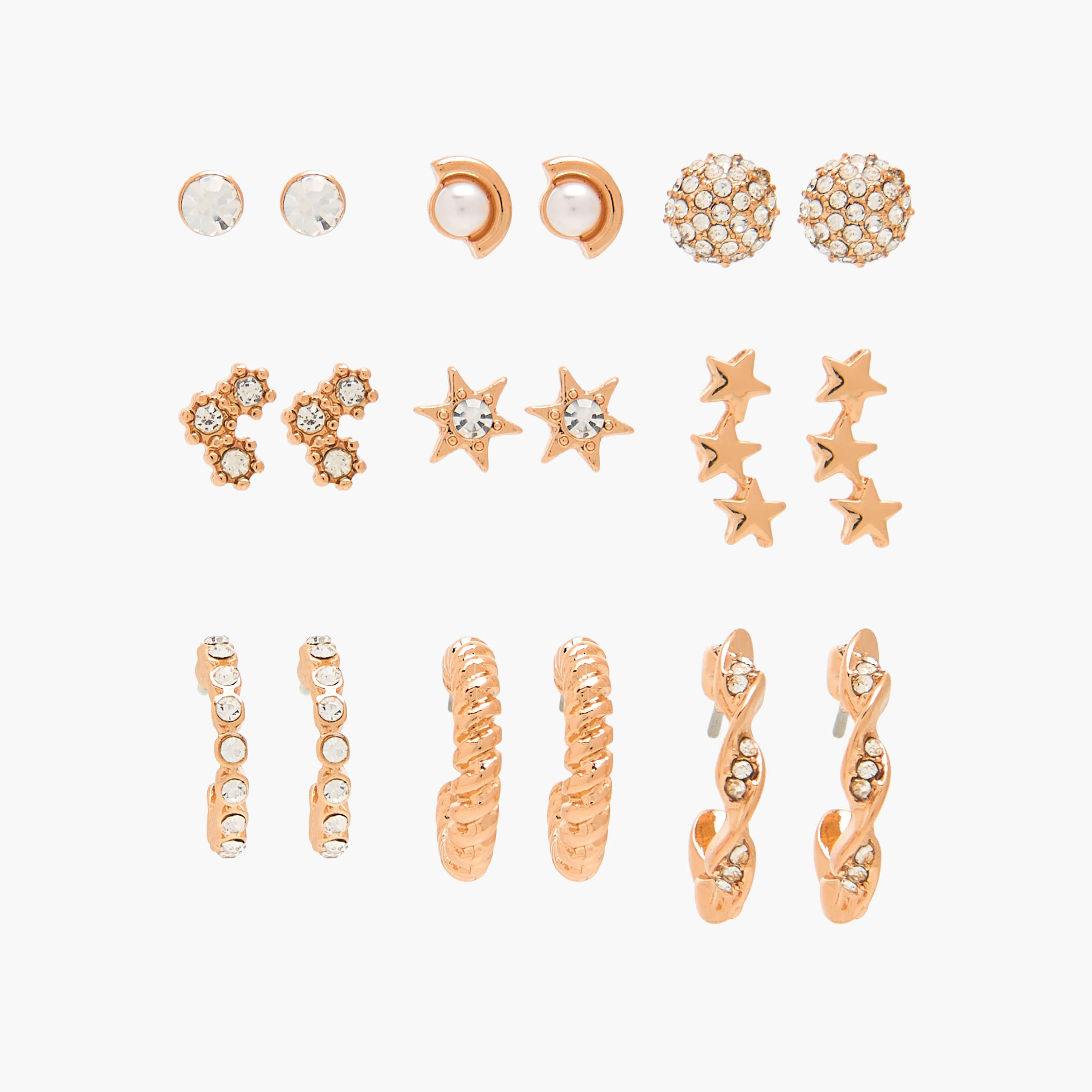 Flora Bella Pack of 9 Gold Tone Embellished Stud Earrings with Pushback Closure-women-watchesandjewellery-jewellery-earrings-image-1