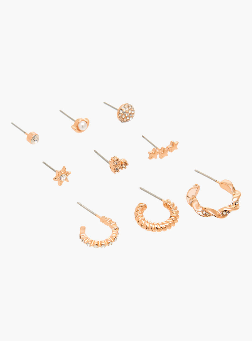 Flora Bella Pack of 9 Gold Tone Embellished Stud Earrings with Pushback Closure-women-watchesandjewellery-jewellery-earrings-image-2