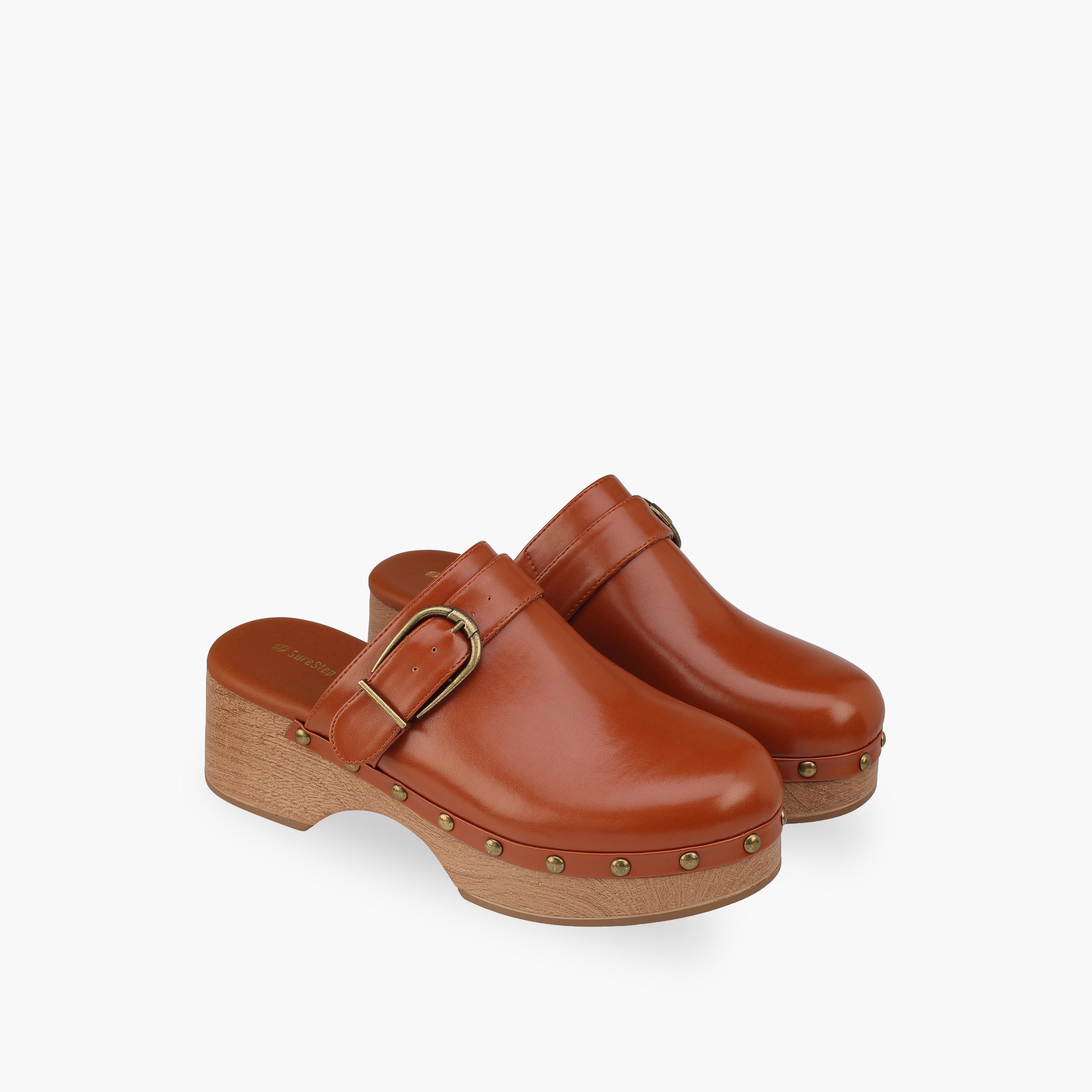 Surestep Women Buckle Detail Lightweight Block Heel Mules with Rivet Detailing-women-shoes-sandals-heeled-image-1