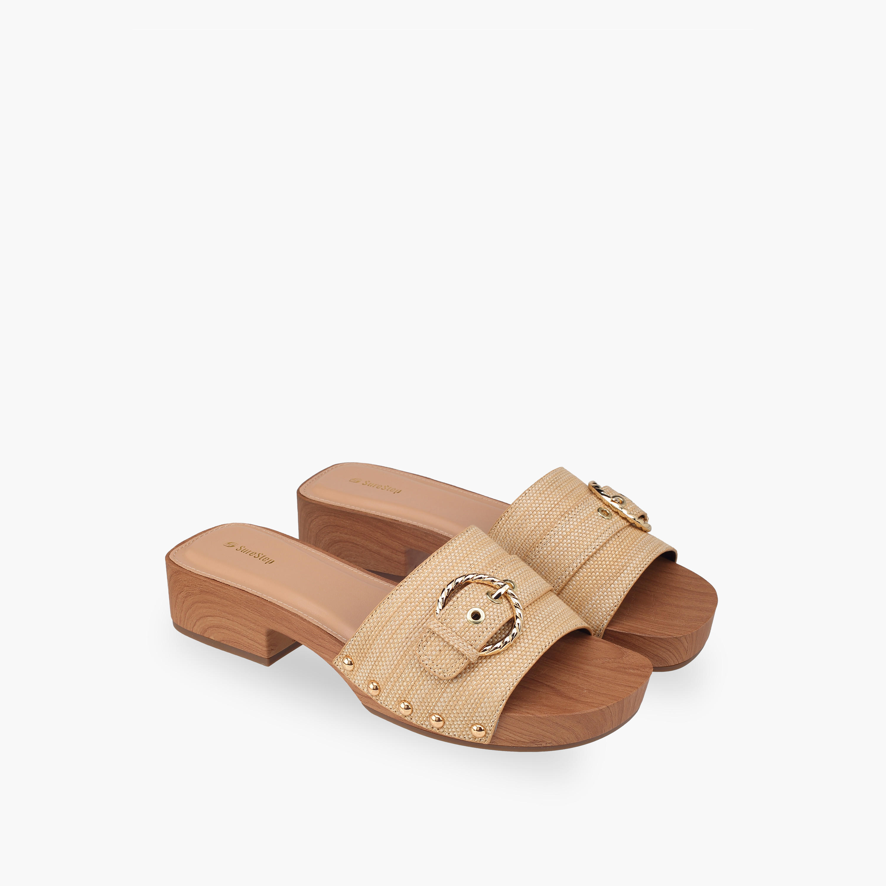 Surestep Women Lightweight Buckle Accent Block Heel Sandals with Studded Trim-women-shoes-sandals-heeled-image-1