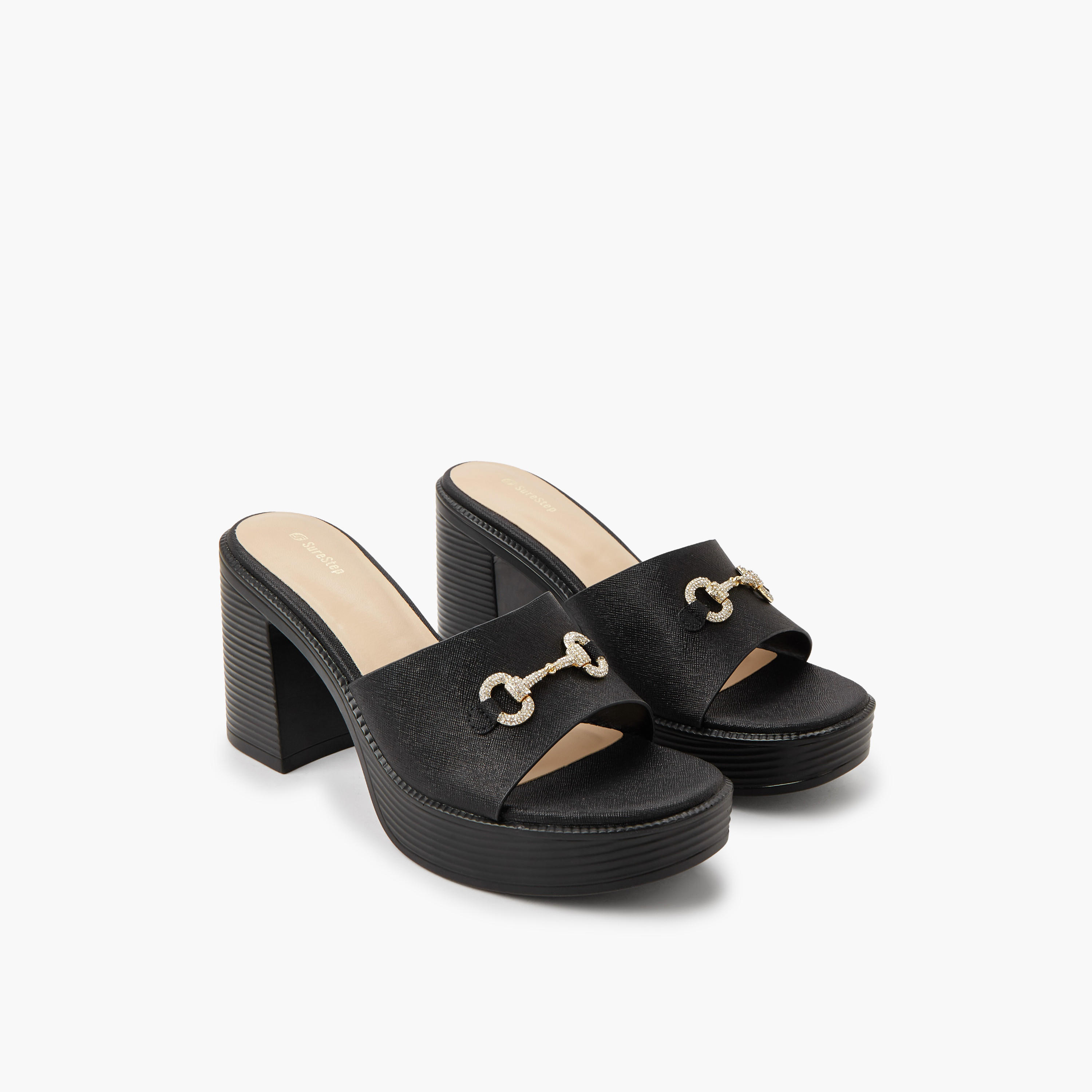 صندل معدني خفيف الوزن بكعب عريض وإبزيم مزين للنساء من شورستيب-women-shoes-sandals-heeled-image-1