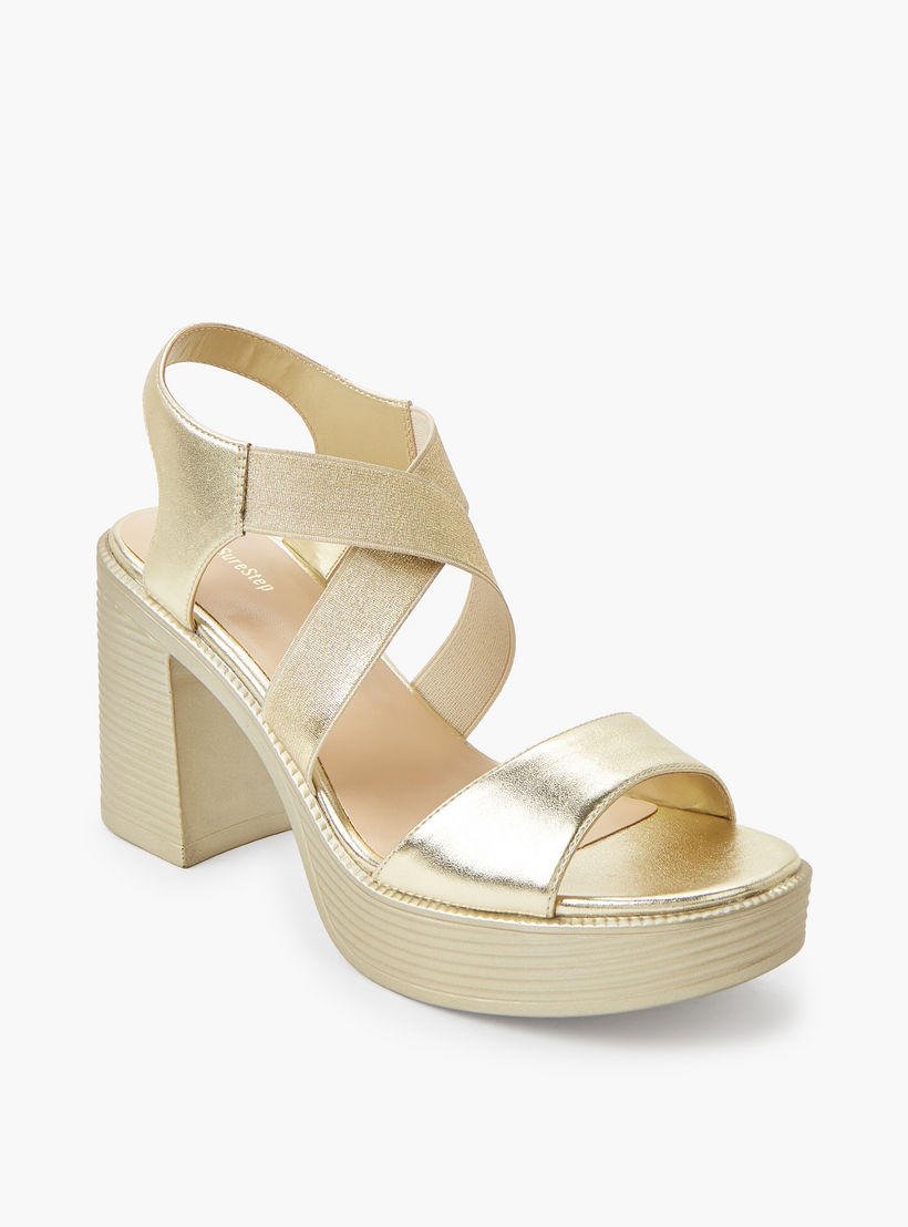 Surestep Women Lightweight Metallic Block Heel Sandals with Elastic Cross Straps-women-shoes-sandals-heeled-image-2