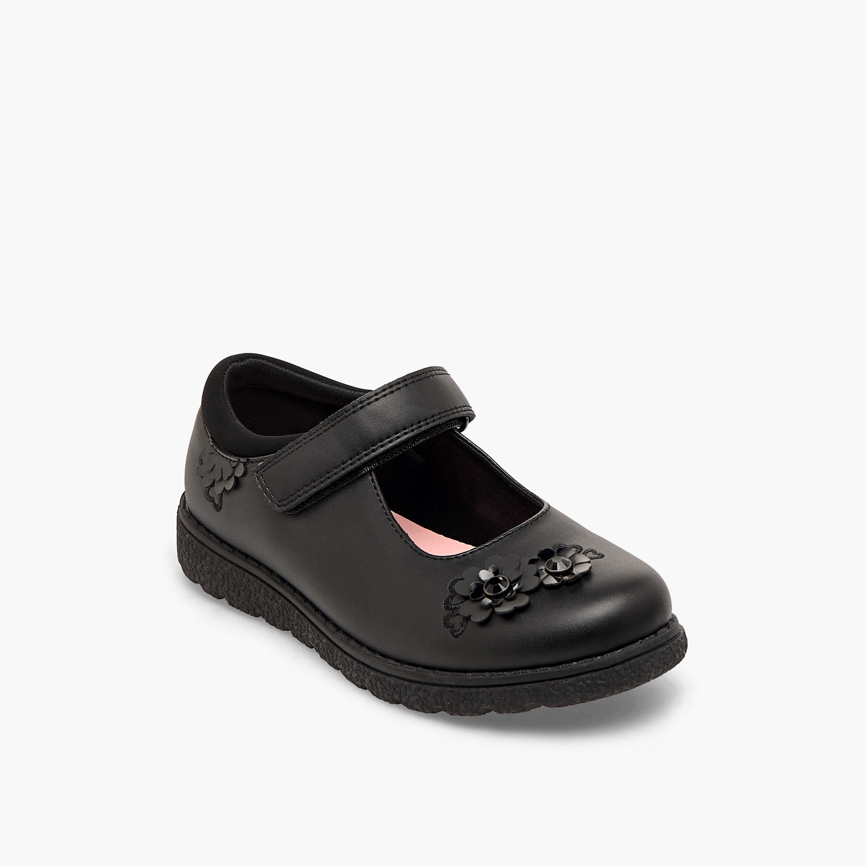 حذاء مدرسي بزينة زهور وشريط إغلاق لاصق للبنات من جونيورز-girls-shoes-schoolshoes-image-3
