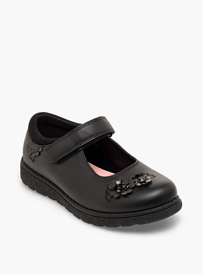 حذاء مدرسي بزينة زهور وشريط إغلاق لاصق للبنات من جونيورز-girls-shoes-schoolshoes-image-3