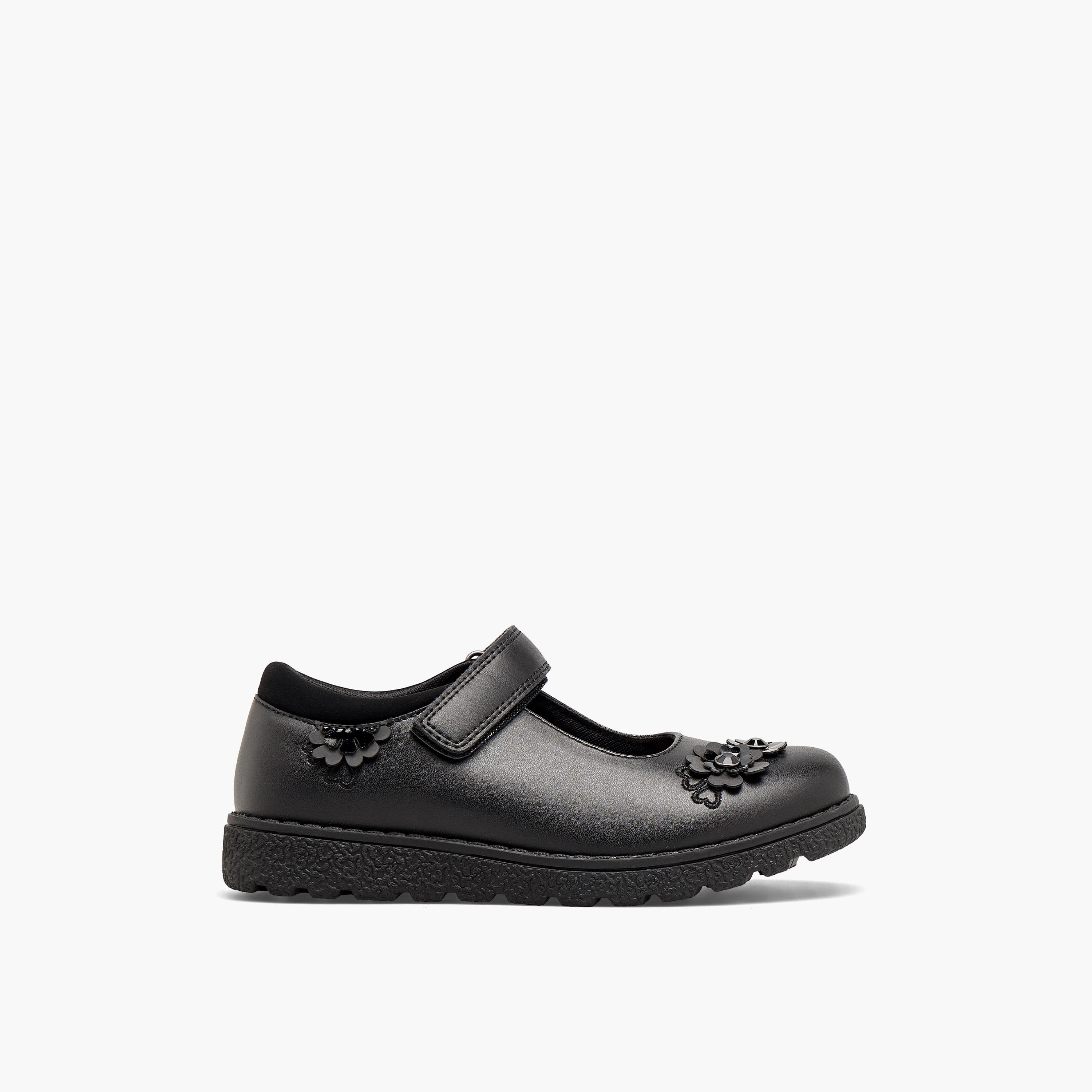 حذاء مدرسي بزينة زهور وشريط إغلاق لاصق للبنات من جونيورز-girls-shoes-schoolshoes-image-4