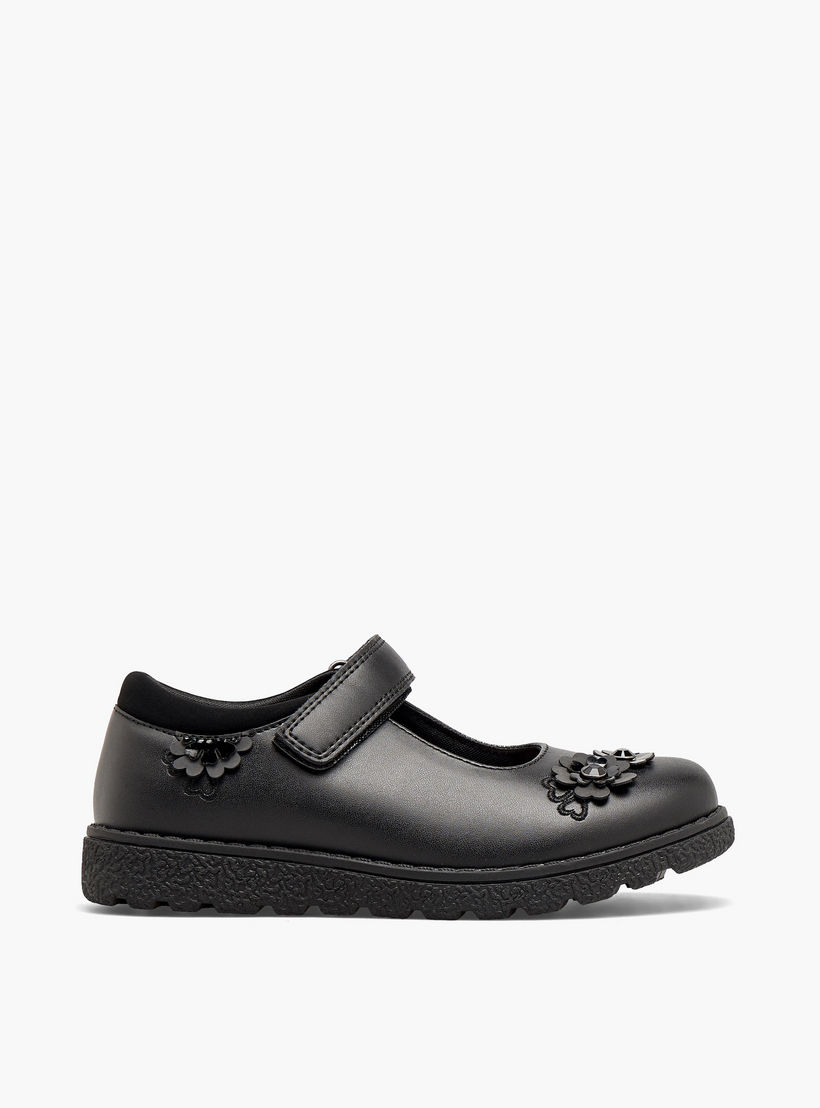 حذاء مدرسي بزينة زهور وشريط إغلاق لاصق للبنات من جونيورز-girls-shoes-schoolshoes-image-4