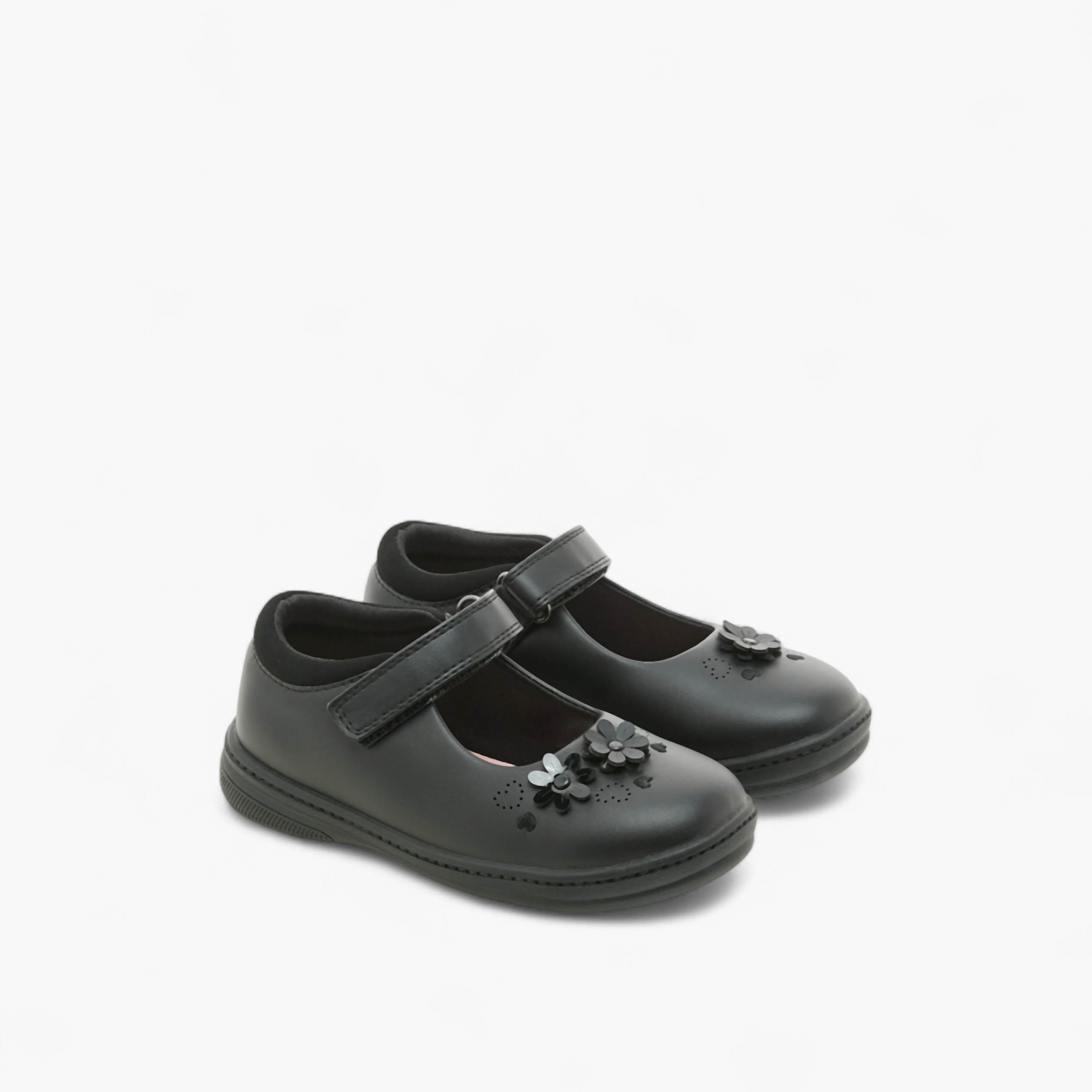 Juniors Floral Detail School Shoes with Hook and Loop Closure-girls-shoes-schoolshoes-image-1