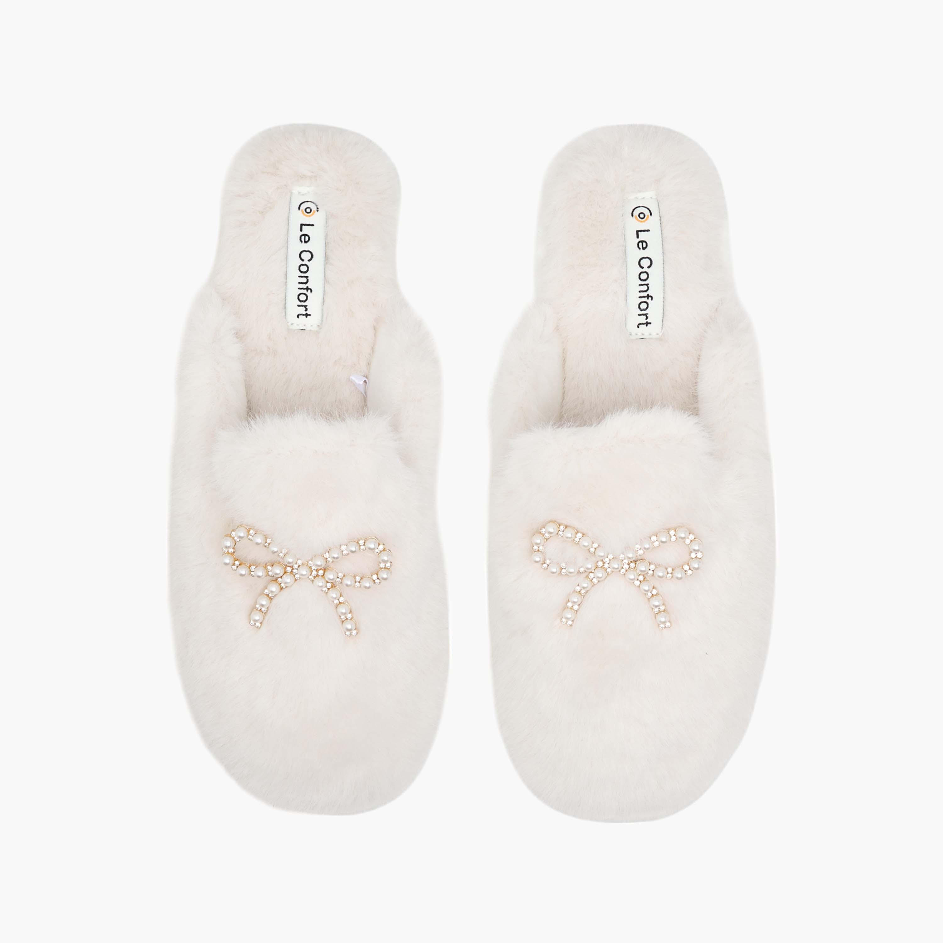 حذاء ميول لغرفة النوم بفرو صناعي وزينة فيونكة من لو كونفورت-women-shoes-bedroomslippers-image-1