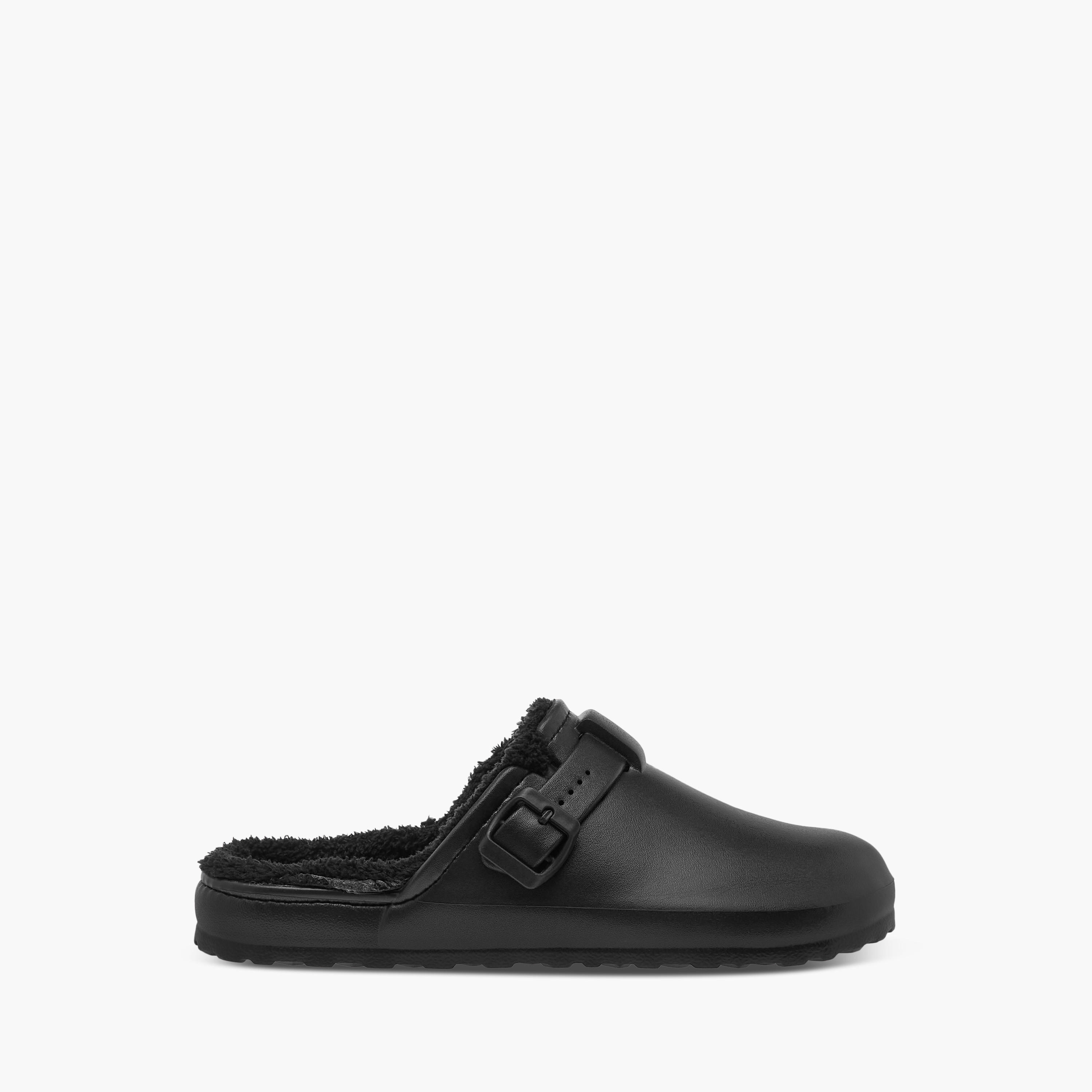Le Confort Solid Bedroom Mules with Fur Accent and Buckle Detail-women-shoes-bedroomslippers-image-2