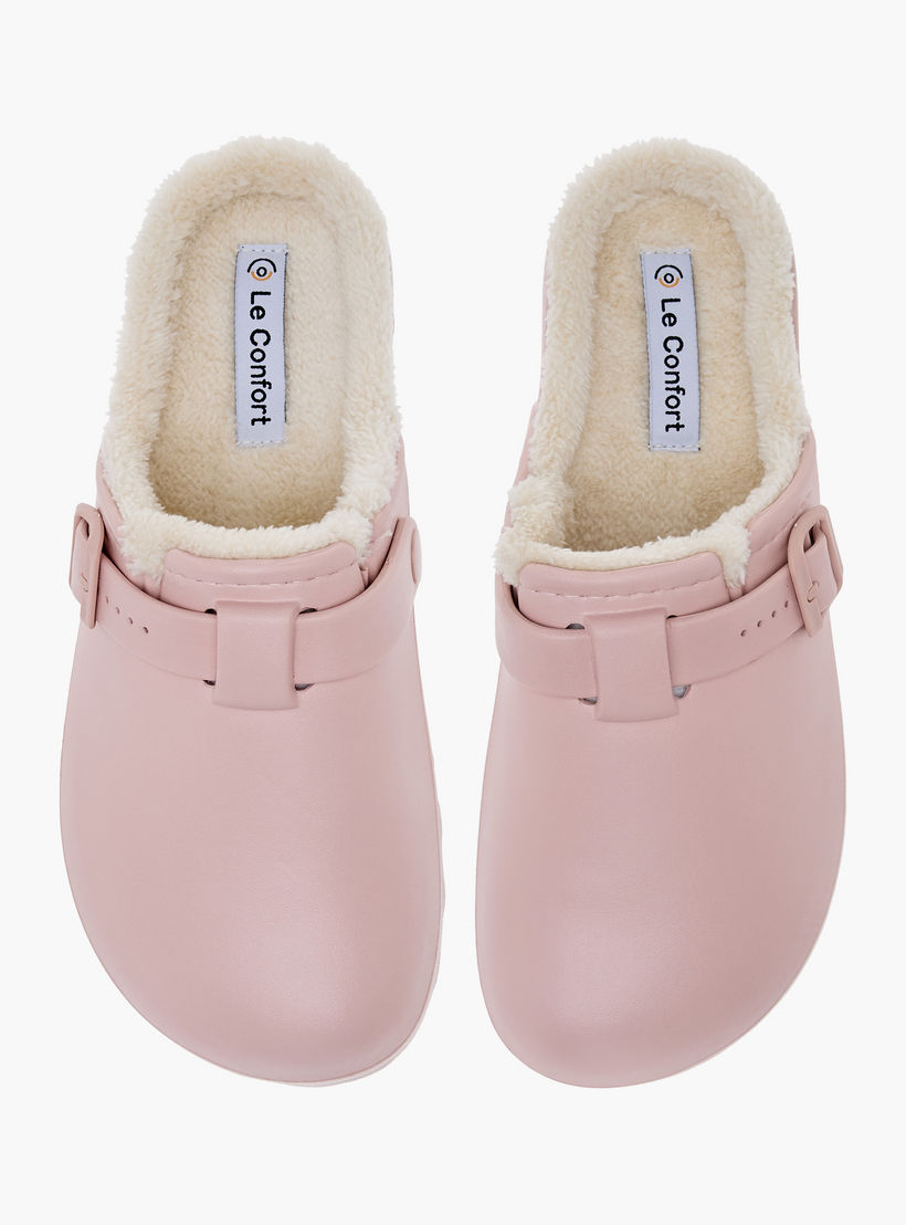 Le Confort Solid Bedroom Mules with Fur Accent and Buckle Detail-women-shoes-bedroomslippers-image-1
