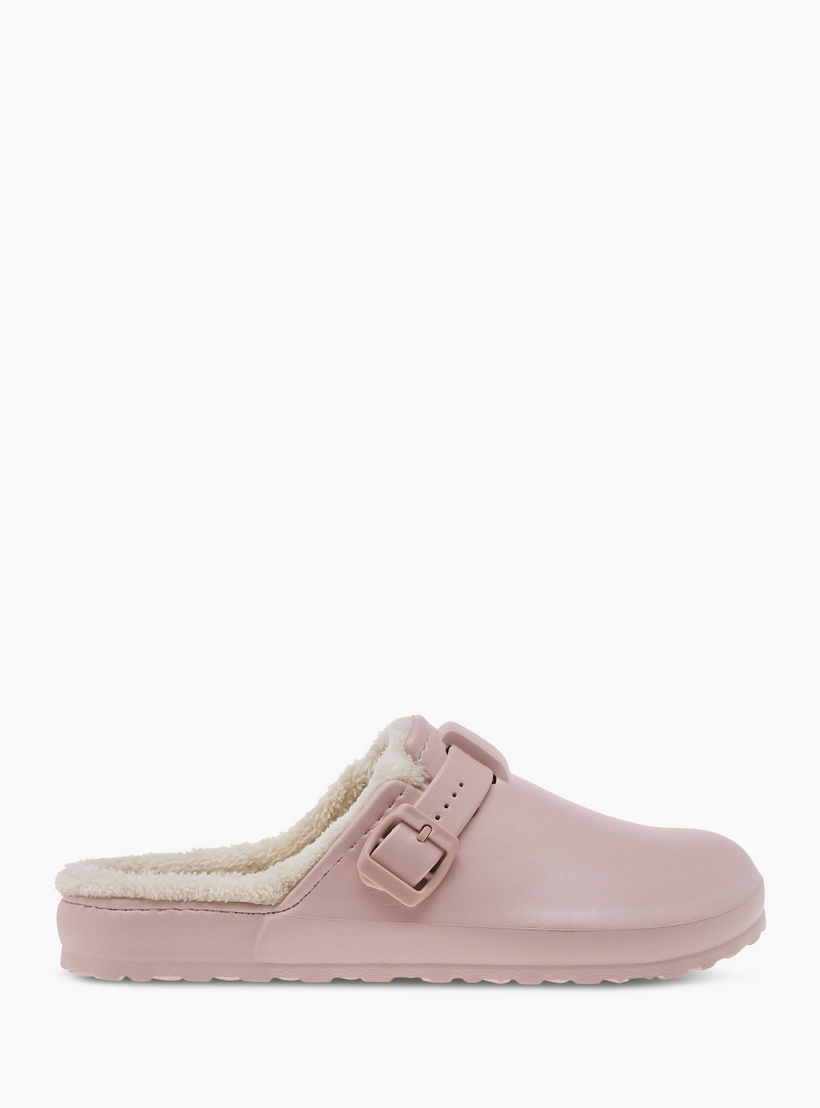 Le Confort Solid Bedroom Mules with Fur Accent and Buckle Detail-women-shoes-bedroomslippers-image-2