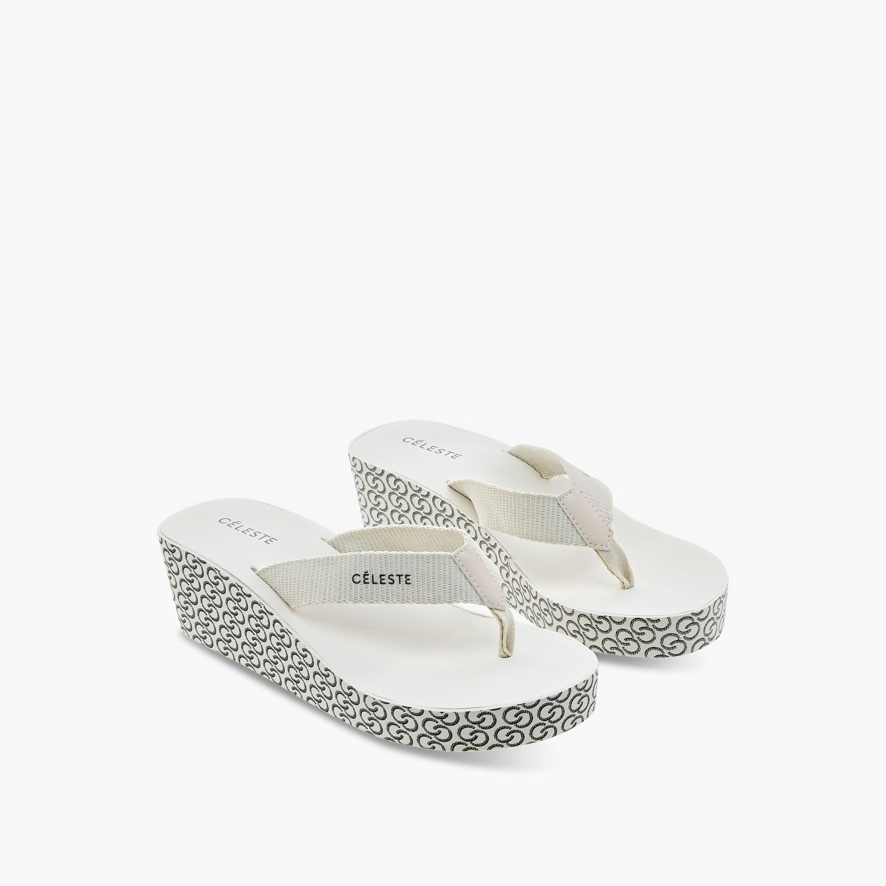 Celeste Women's Monogram Print Thong Slippers with Wedge Heels-women-shoes-flipflopsandslides-image-1