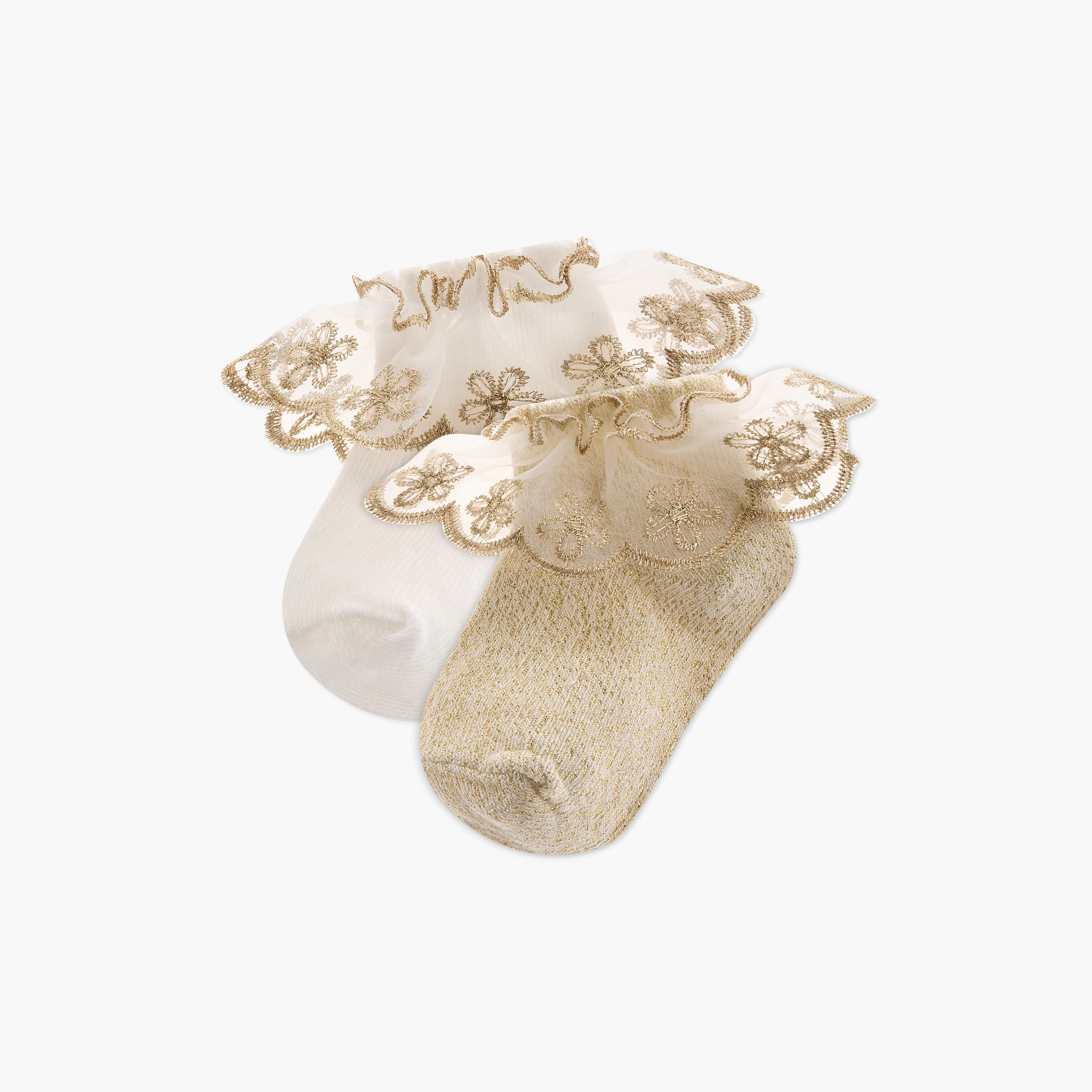 Barefeet Floral Lace Ankle Length Socks with Frill Detail - Set of 2-girls-accessories-socks-image-1