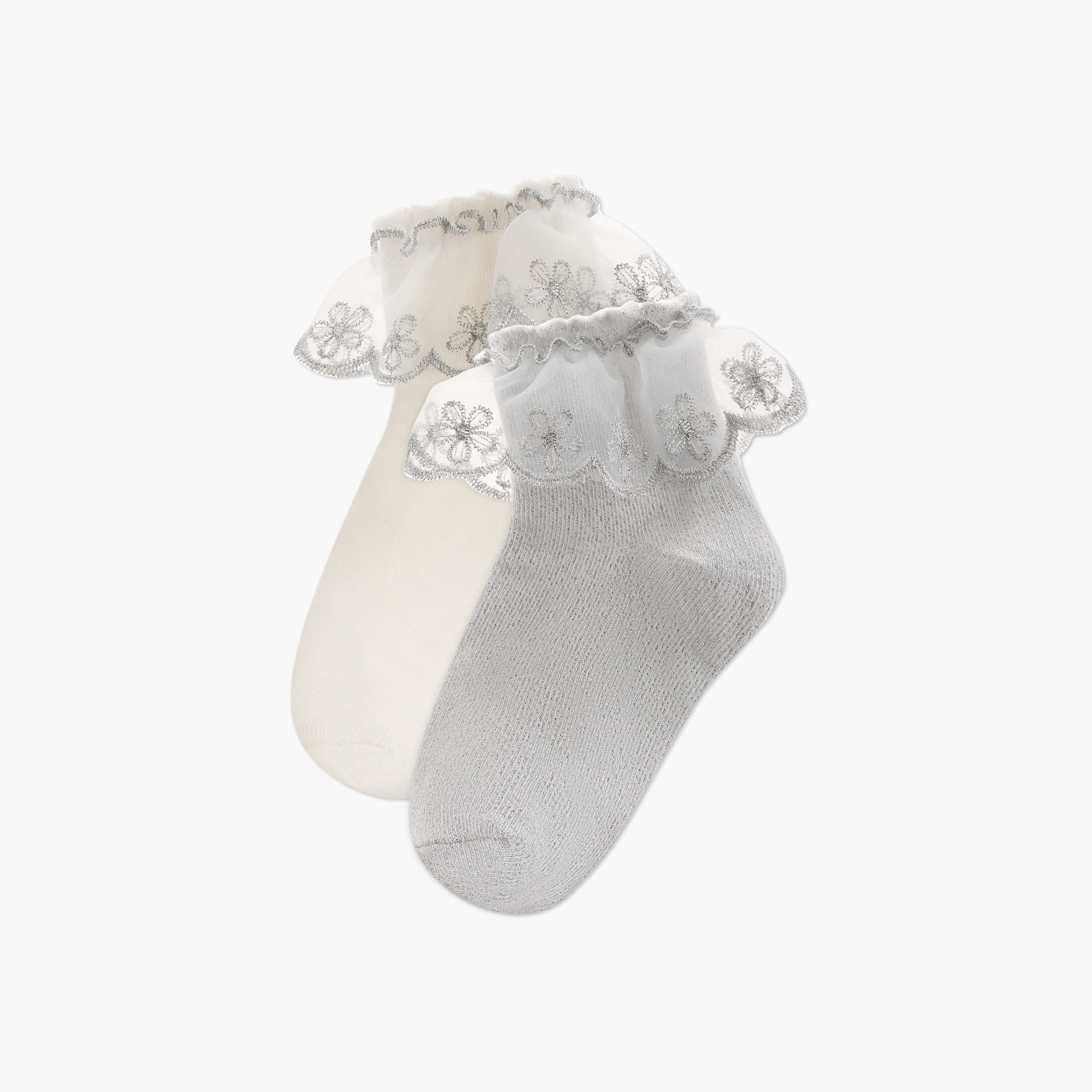 Barefeet Floral Lace Ankle Length Socks with Frill Detail - Set of 2-girls-accessories-socks-image-1