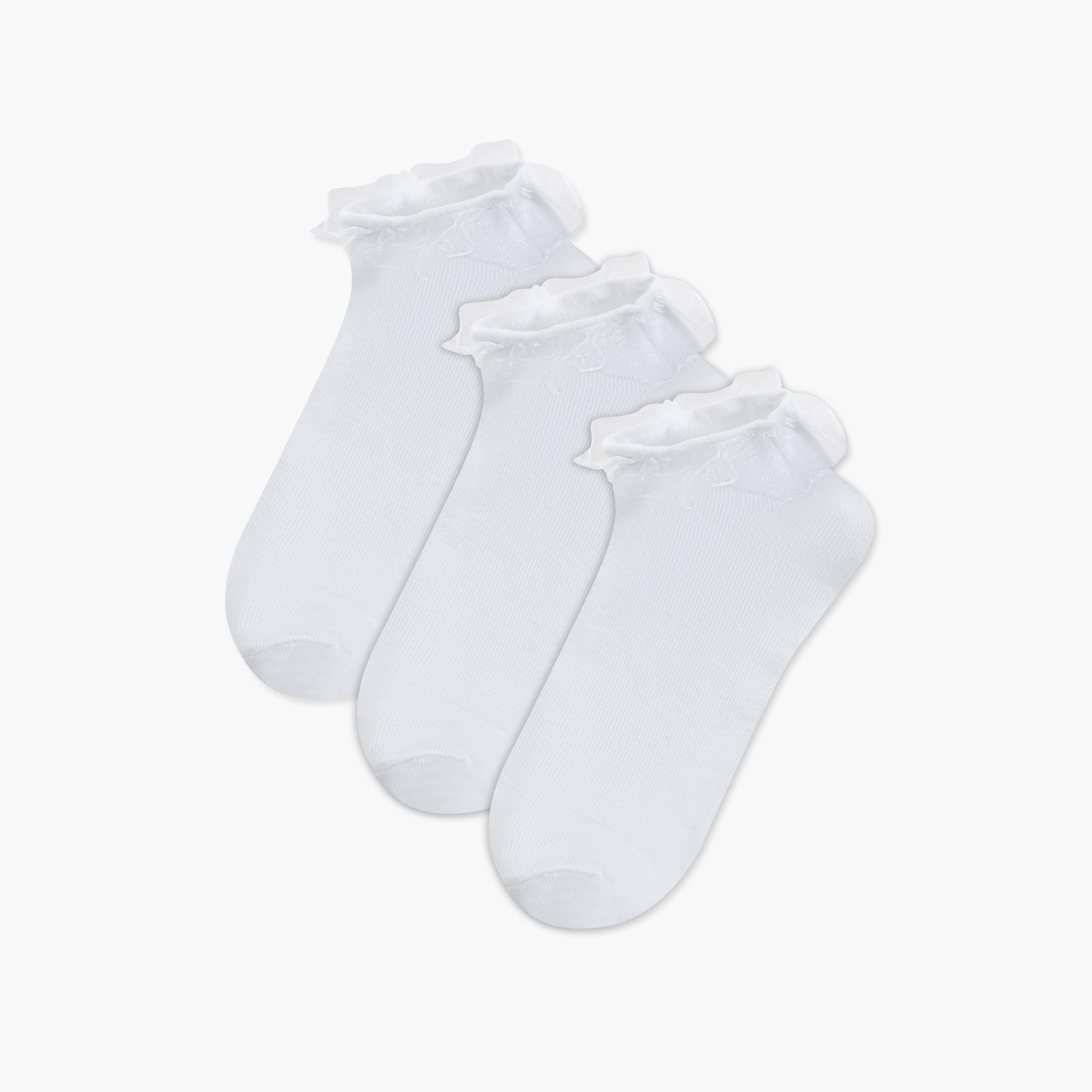 Juniors Textured Ankle Length Socks with Frill Hem - Set of 3-girls-accessories-socks-image-1
