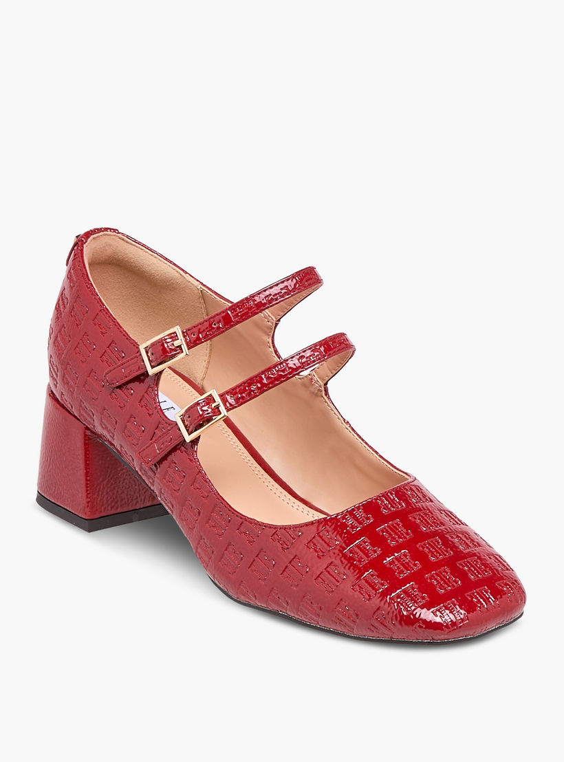Elle Women's Logo Embossed Block Heel Shoes with Double Buckle Closure-women-shoes-heels-image-2