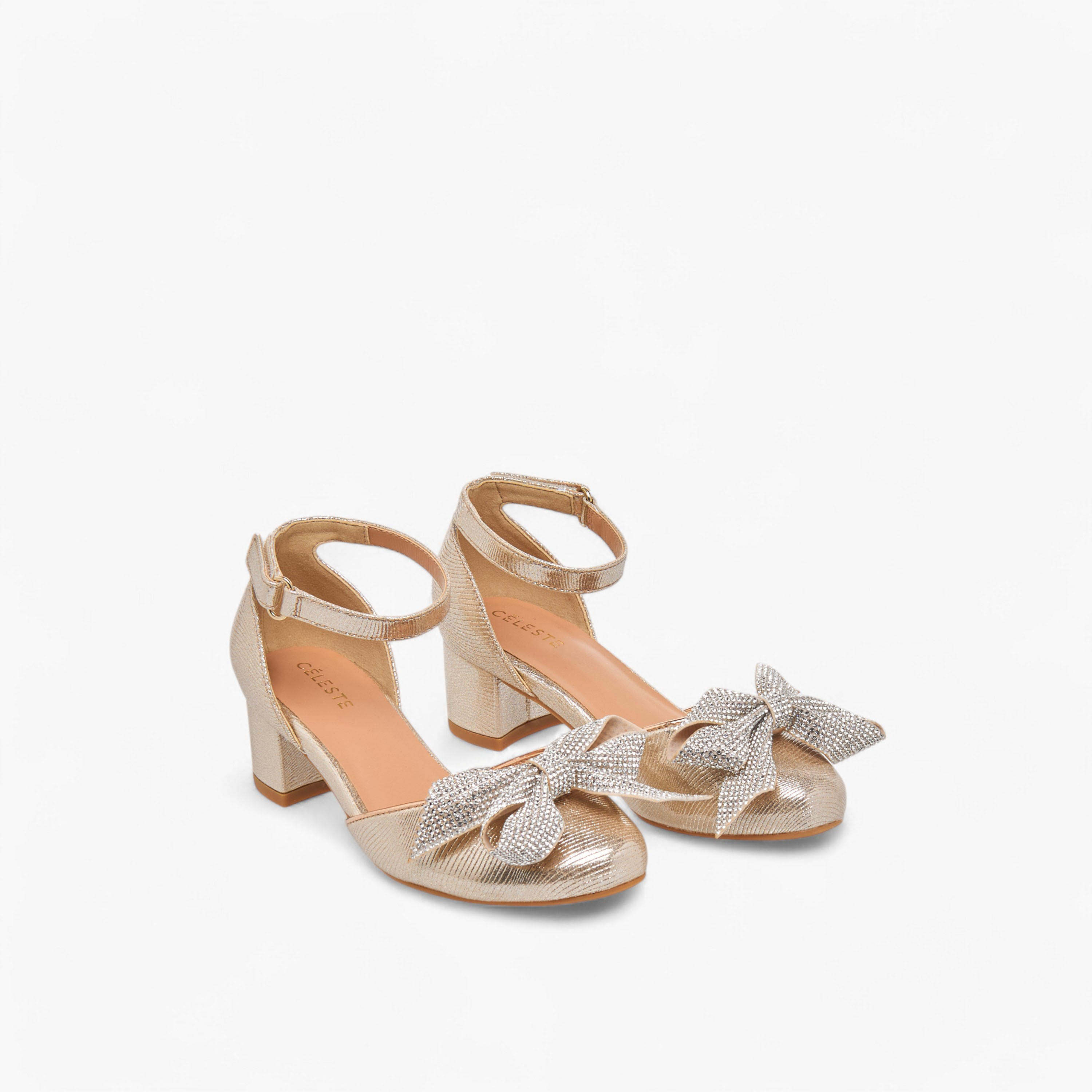 Celeste Girls' Bow Applique Block Heel Shoes with Hook and Loop Closure-girls-shoes-sandals-image-1
