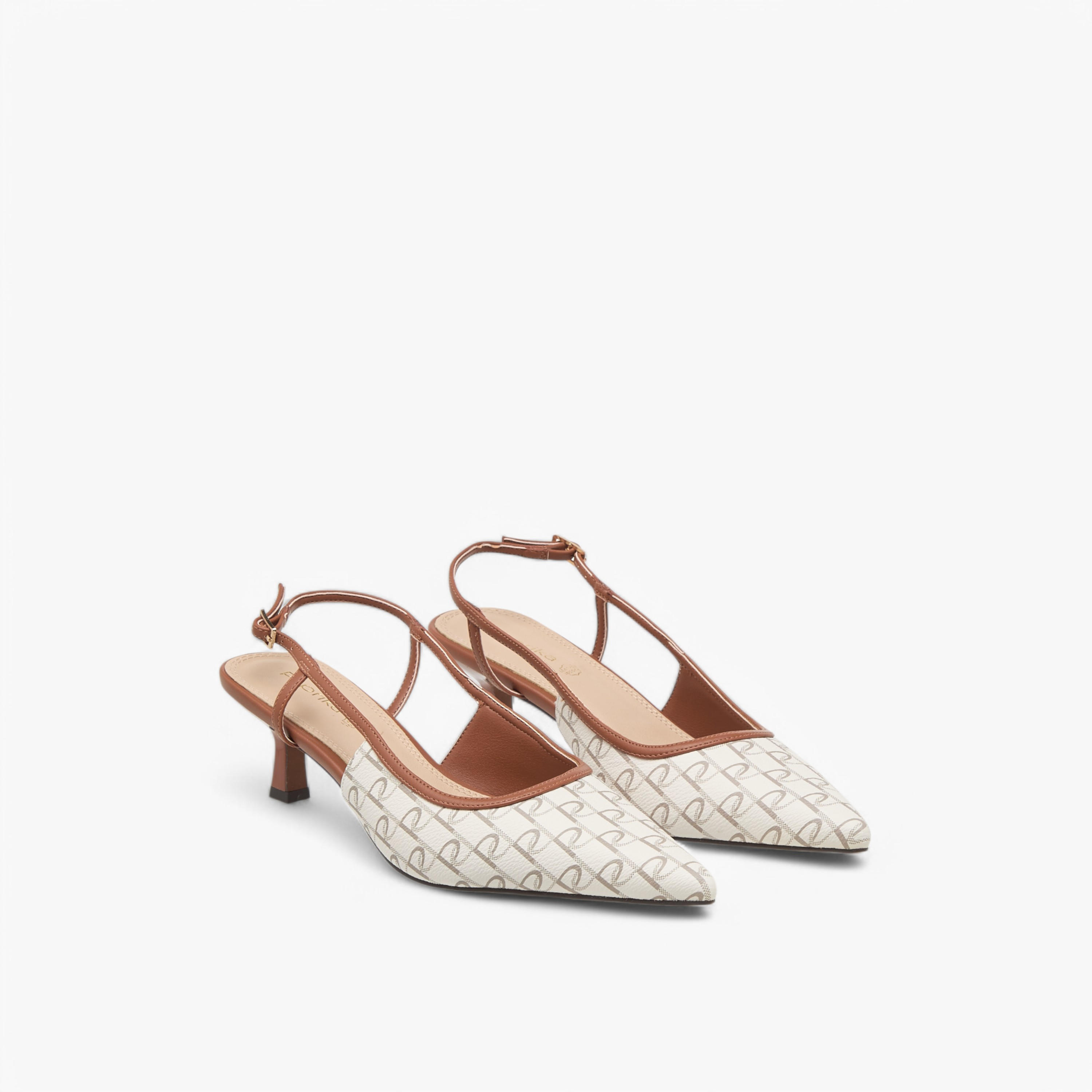 Paprika Monogram Print Slingback Shoes with Kitten Heels and Buckle Closure-women-shoes-sandals-heeled-image-1