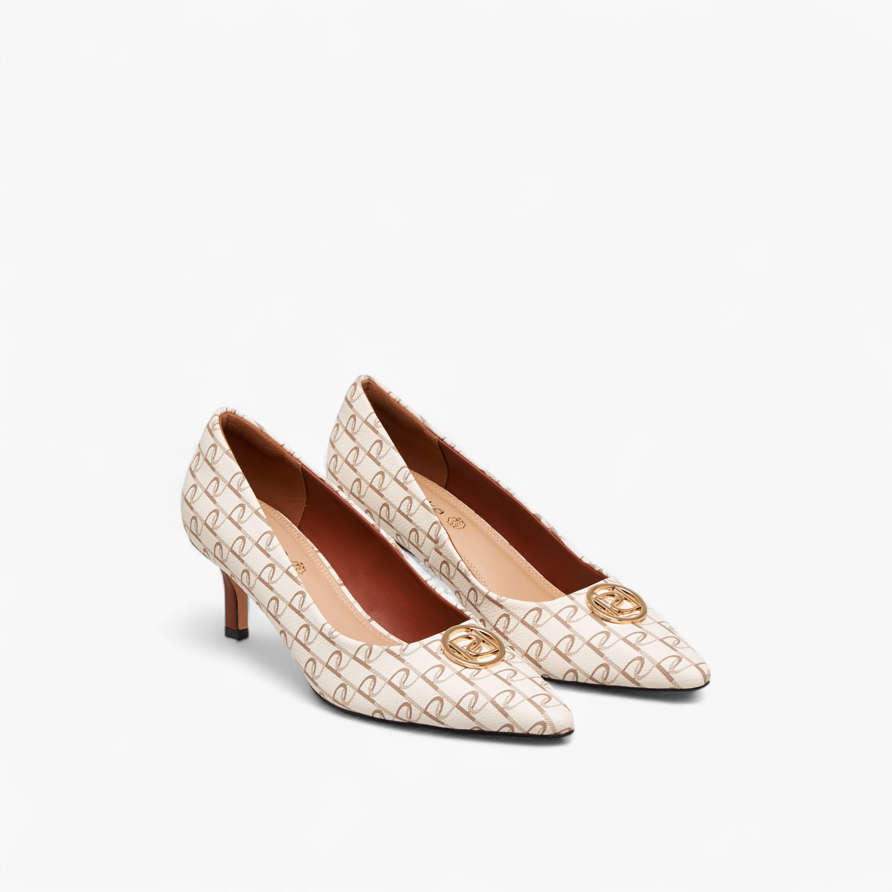 Paprika Monogram Print Slip-On Pumps with Stiletto Heels-women-shoes-heels-image-1