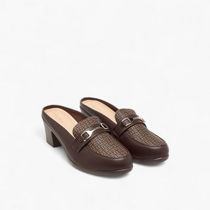 Flora Bella Monogram Print Slip-On Mules with Metal Accent and Block Heels-women-image-1