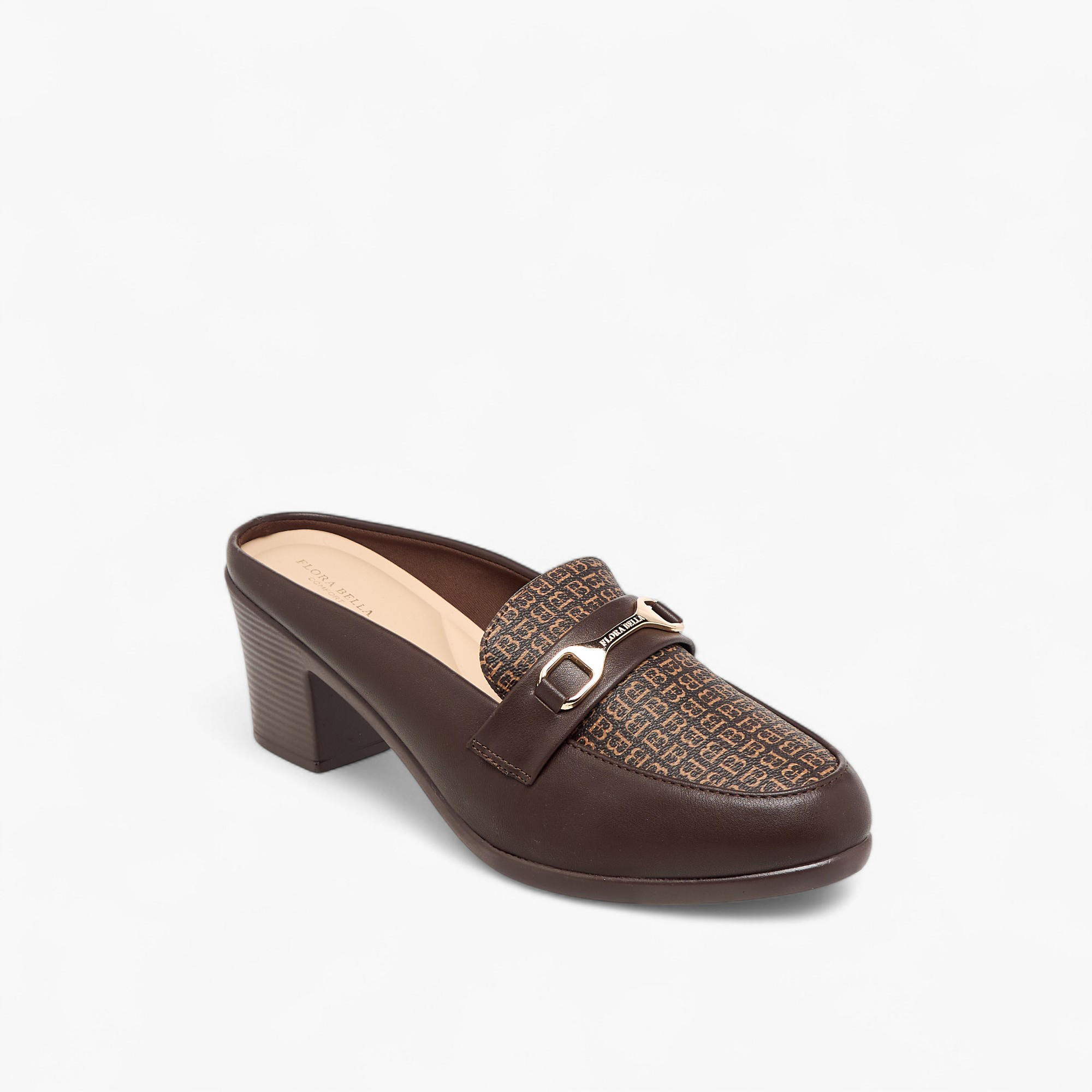 Flora Bella Monogram Print Slip-On Mules with Metal Accent and Block Heels-women-shoes-heels-image-2