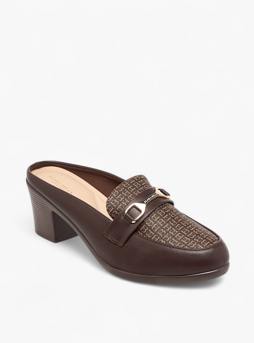 Flora Bella Monogram Print Slip-On Mules with Metal Accent and Block Heels-women-shoes-heels-image-2