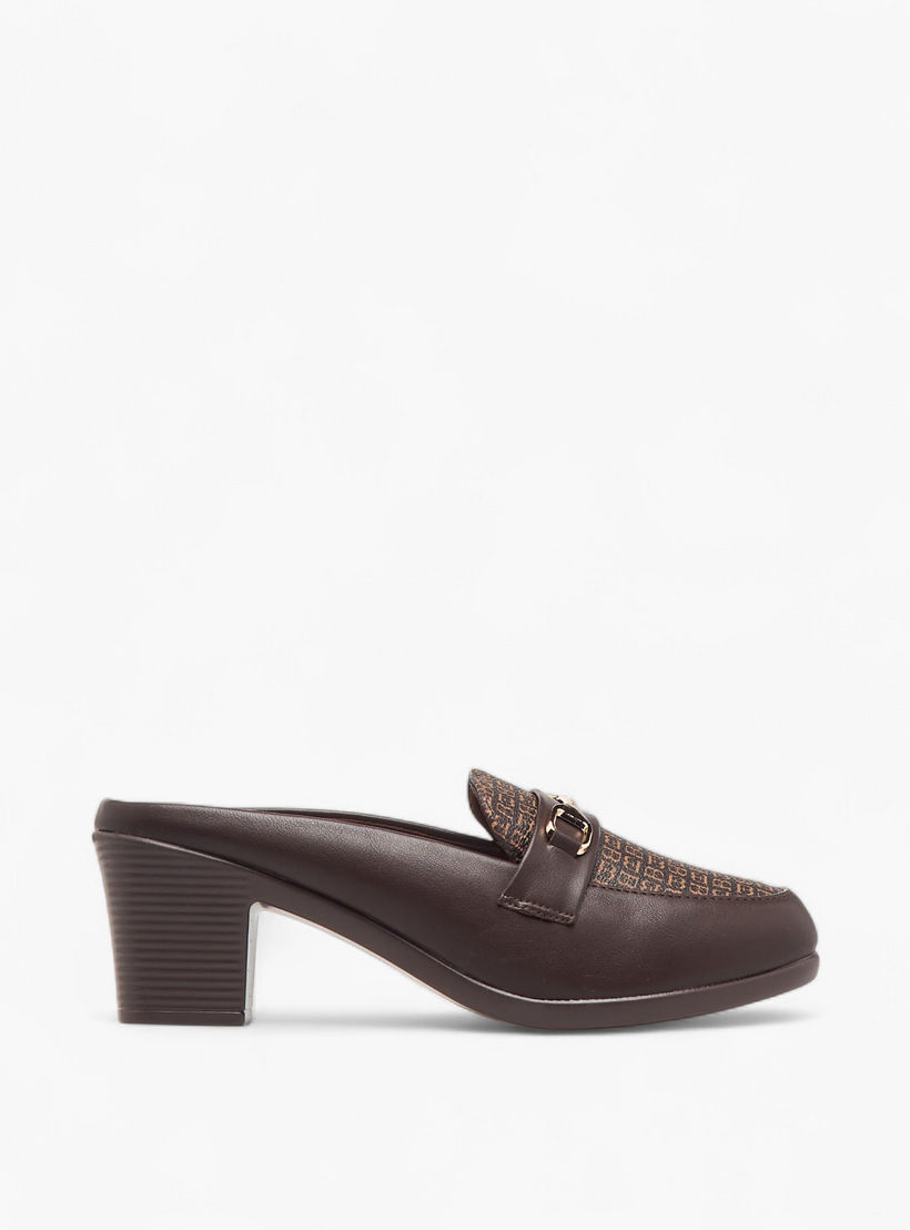 Flora Bella Monogram Print Slip-On Mules with Metal Accent and Block Heels-women-shoes-heels-image-3