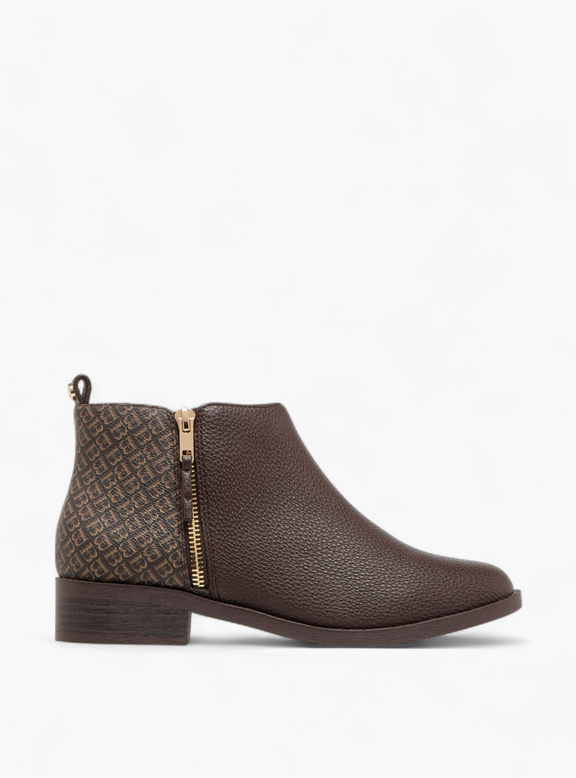 Flora Bella Monogram Print Ankle Boots with Block Heels and Zip Closure-women-shoes-boots-image-3
