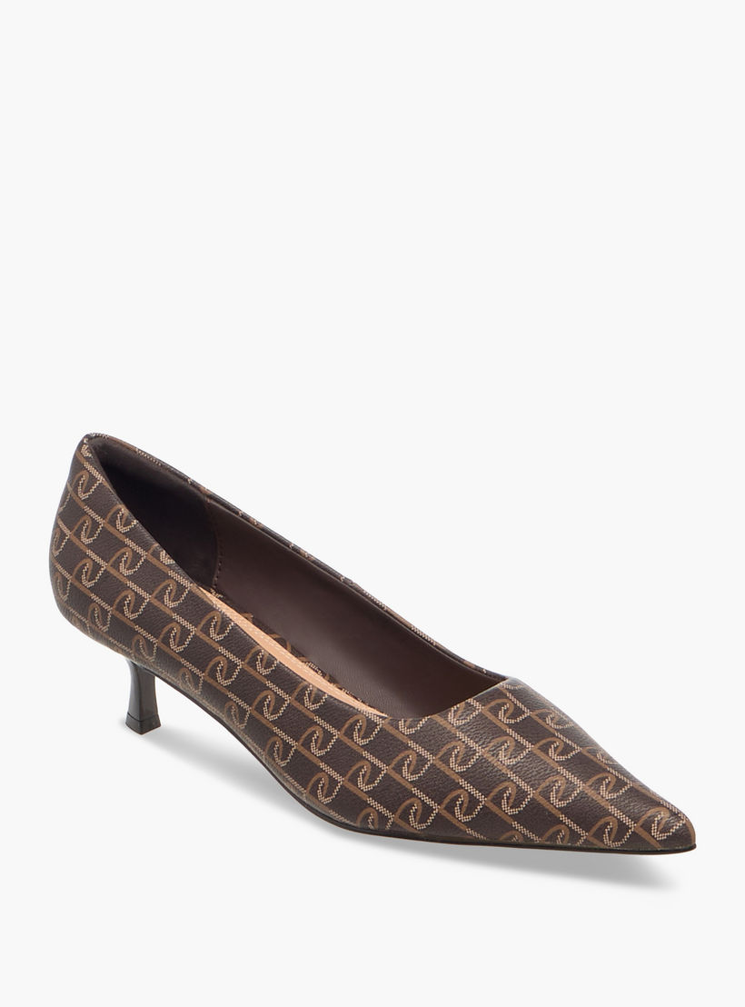 Paprika Monogram Print Pointed Toe Slip-On Pumps with Kitten Heels-women-shoes-sandals-heeled-image-2