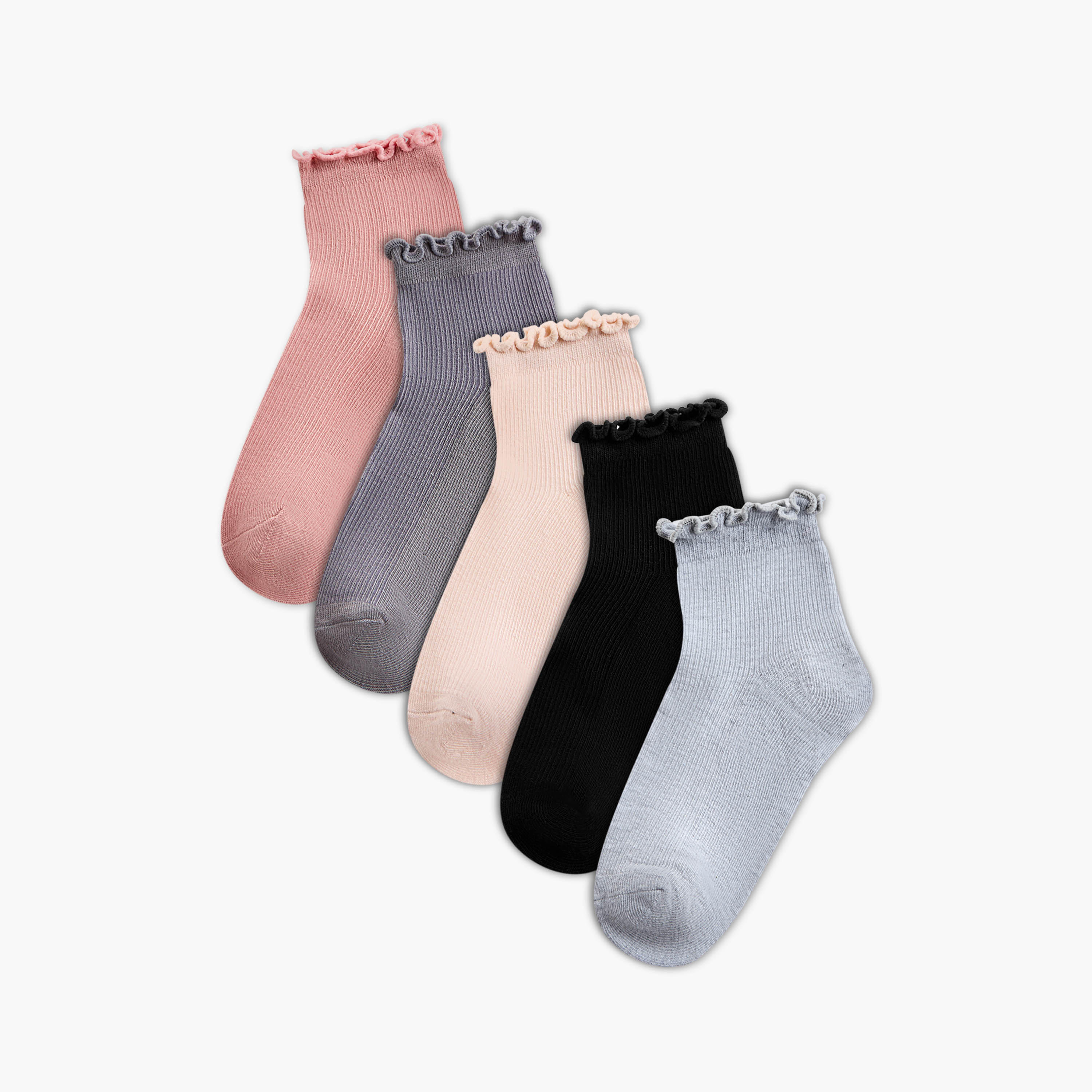 Gloo Pack of 5 Textured Ankle Length Socks with Scalloped Hem-women-socksandstockings-image-1
