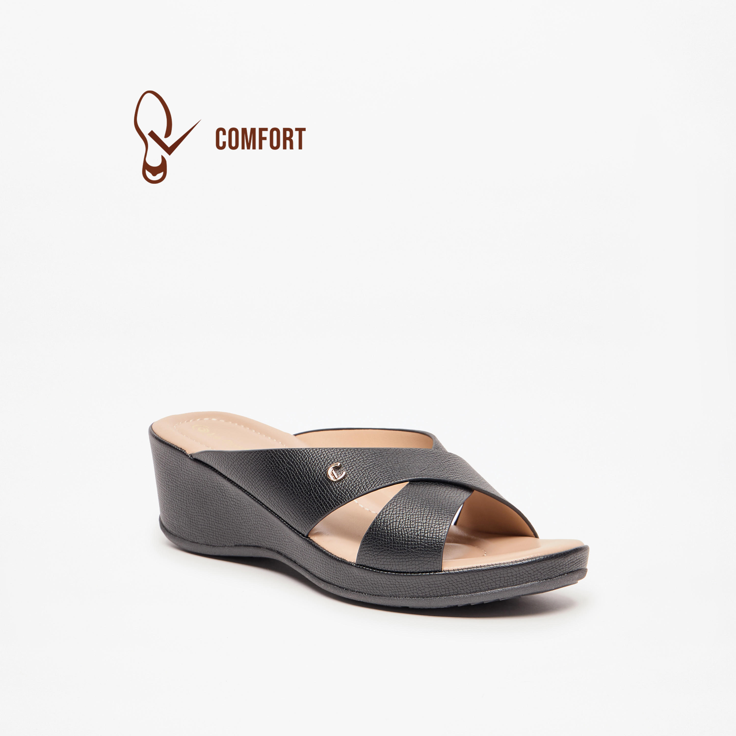 صندل سادة سهل الارتداء بحزام متقاطع وكعب ويدج من لو كونفورت-women-shoes-sandals-heeled-image-1