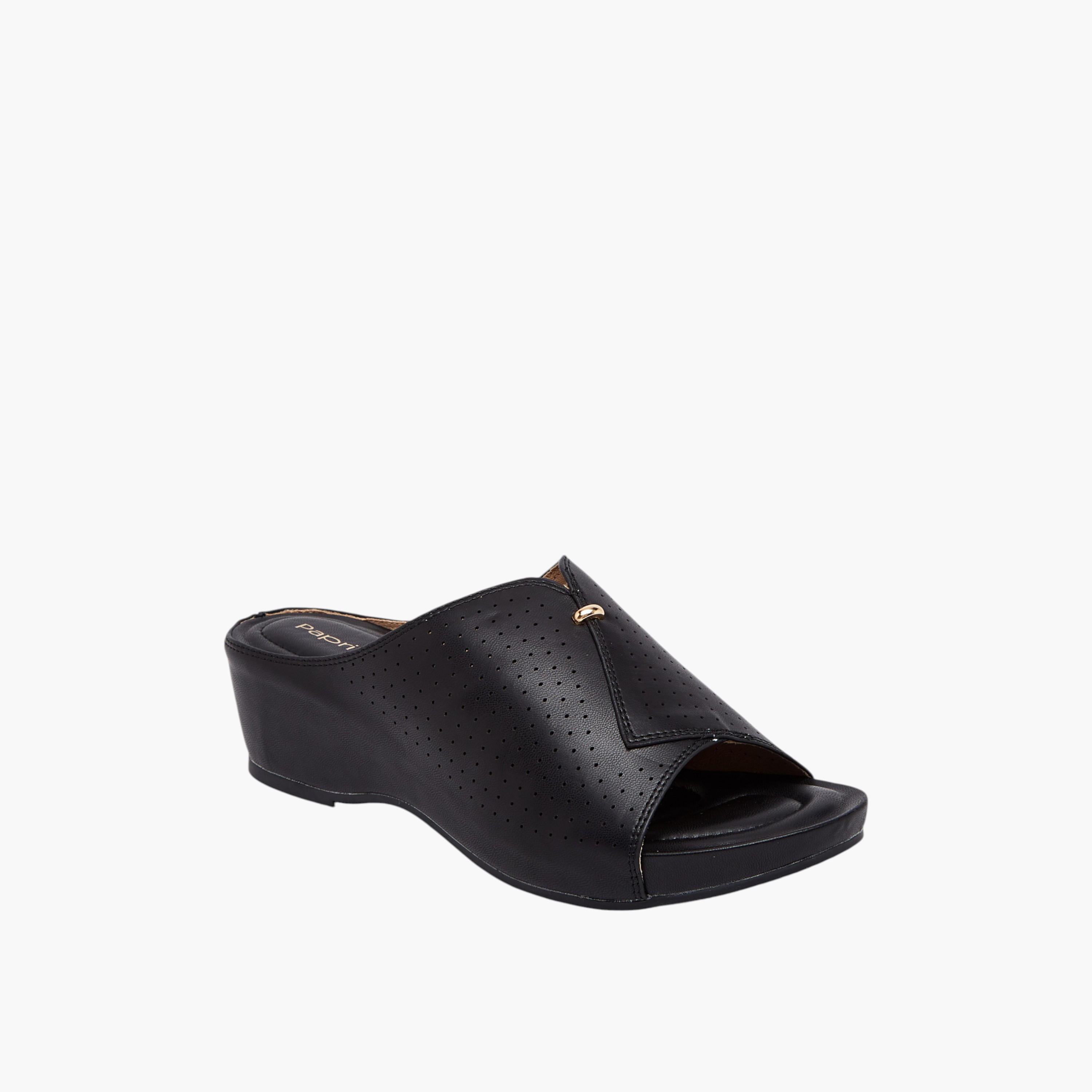 Paprika Women's Perforated Slip-On Peep Toe Sandals with Wedge Heels-women-shoes-sandals-heeled-image-4