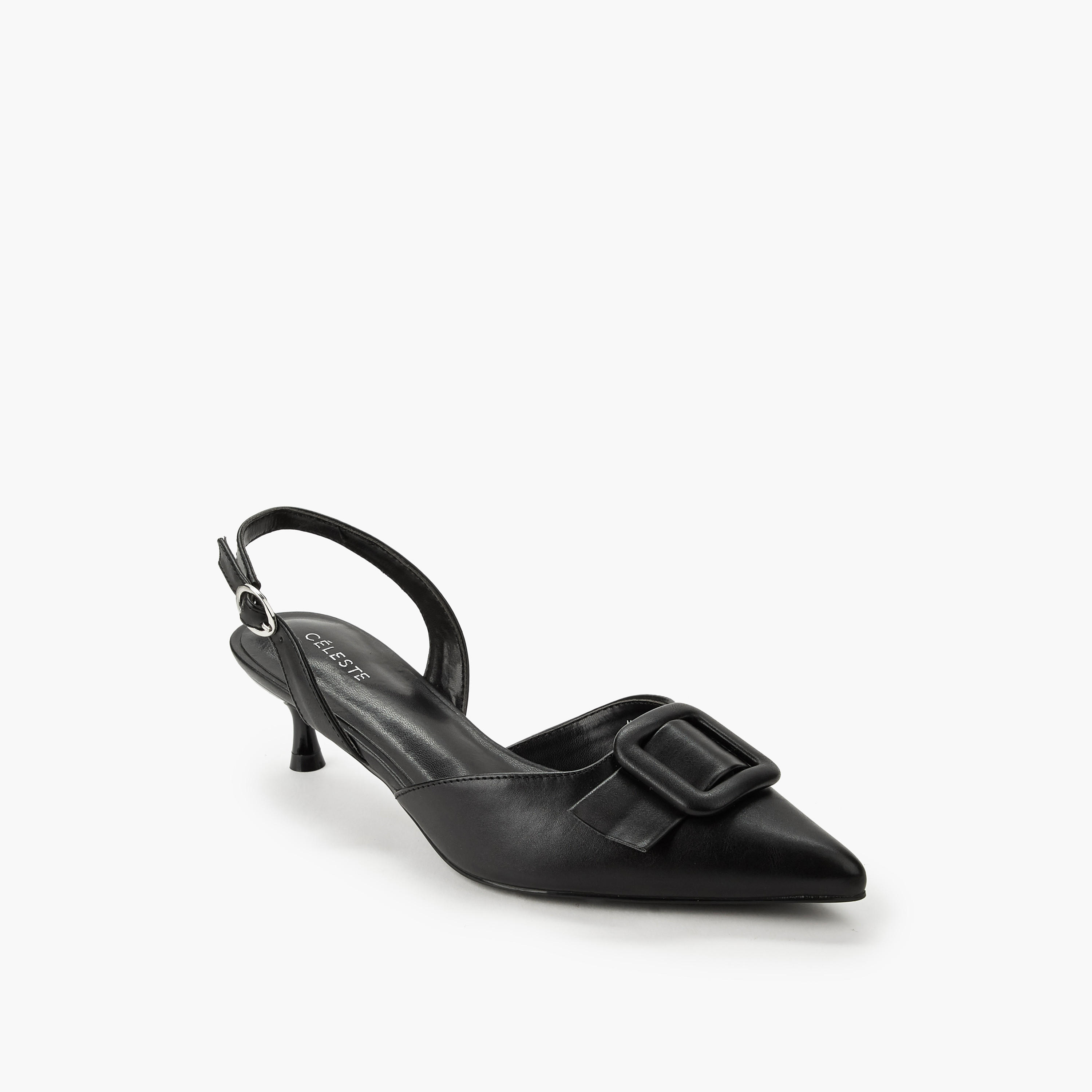 Celeste Women Buckle Detail Kitten Heel Pointed Toe Shoes-women-shoes-sandals-heeled-image-2