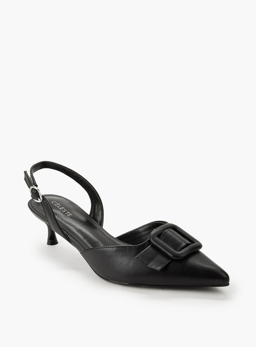 Celeste Women Buckle Detail Kitten Heel Pointed Toe Shoes-women-shoes-sandals-heeled-image-2