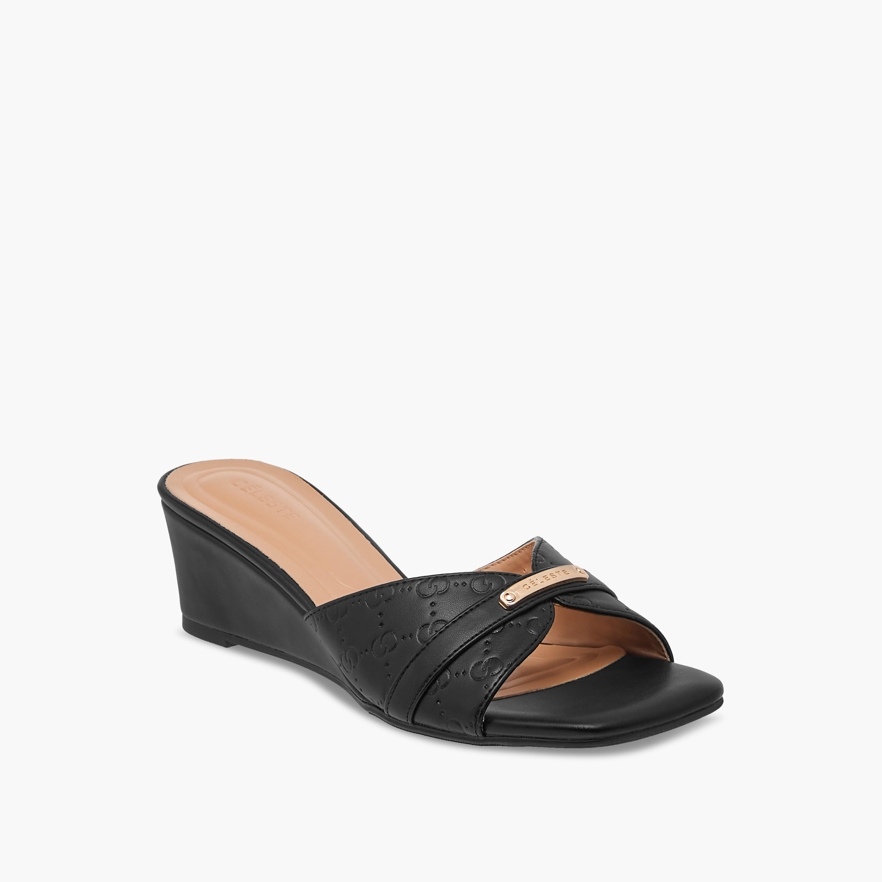 صندل سهل الارتداء بكعب ويدج ونقوش مونوجرام للنساء من سيليست-women-shoes-sandals-heeled-image-2