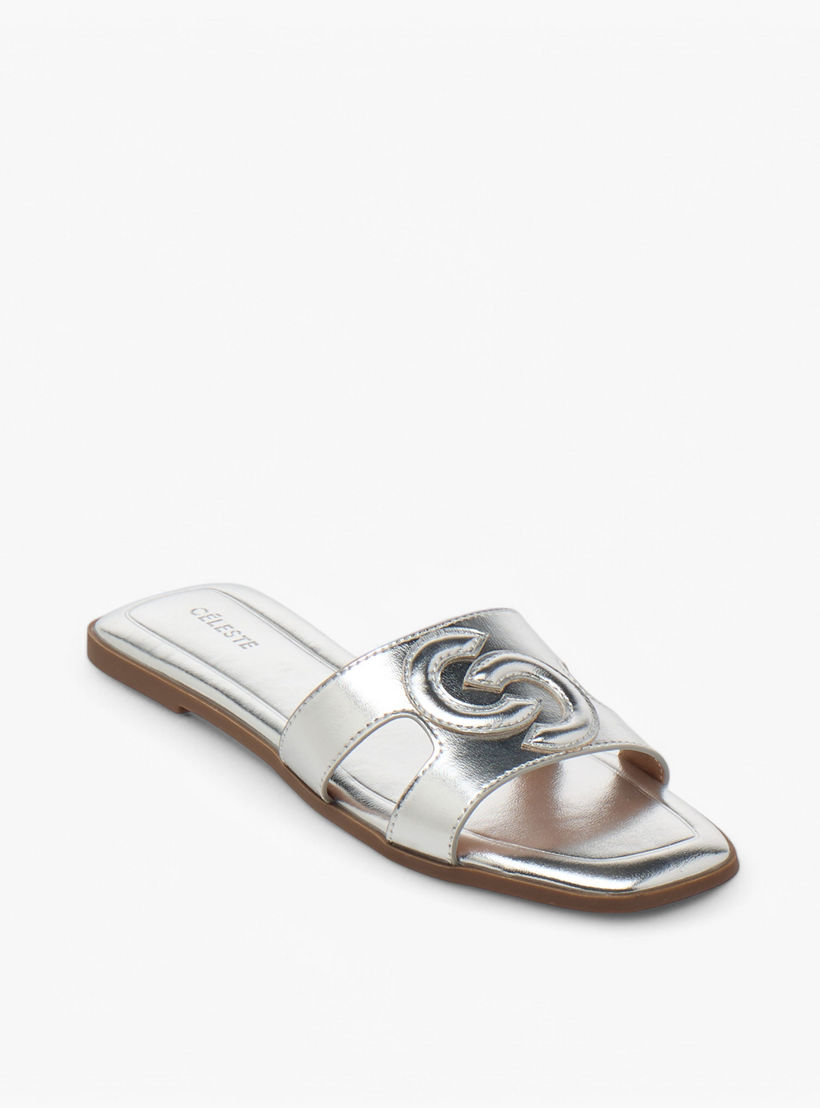 Celeste Women's Metallic Logo Embossed Slip-On Sandals-women-shoes-flats-sandals-image-2